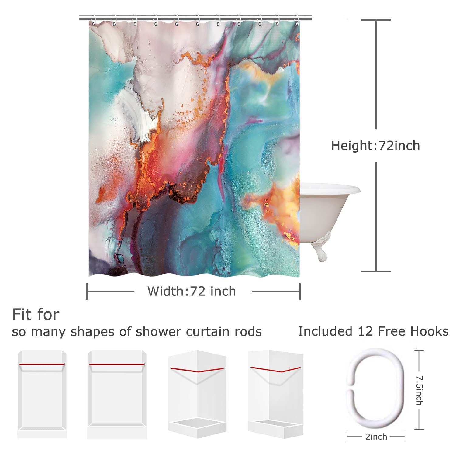 RosieLily?eal?arble?hower Curtain ?range?bstract?athroom?urtain ?ed?lue Watercolor Shower Curtains Set with 12 Hooks ?mbre Marble?athroom Decor  72''x72''