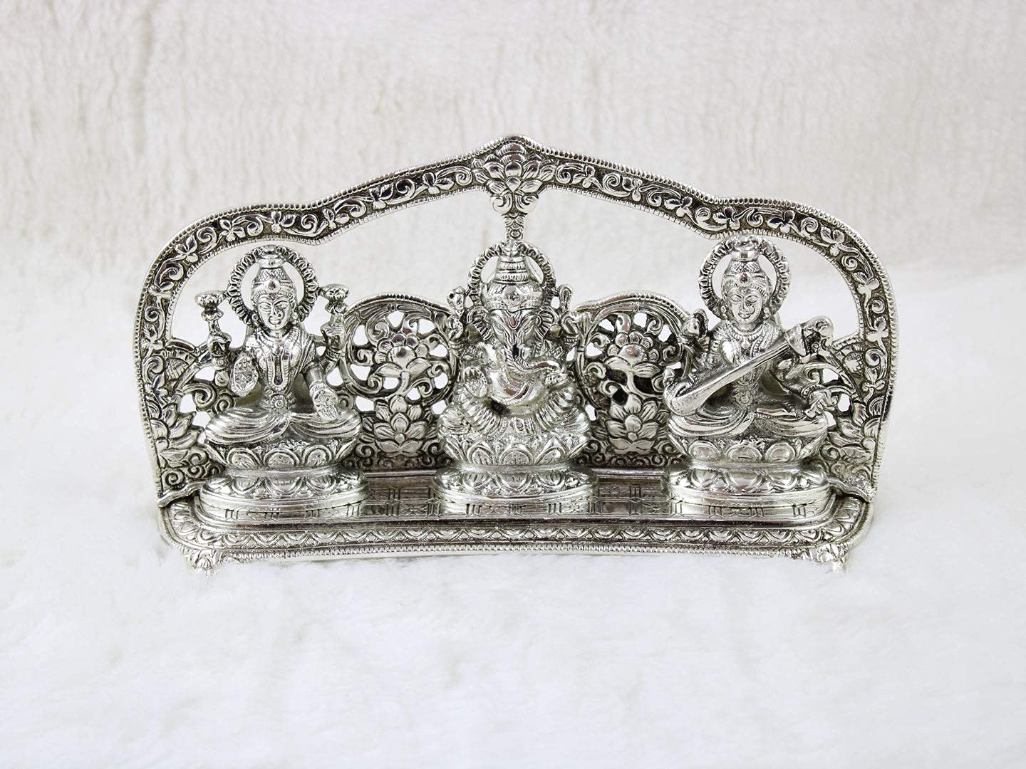 Goldgiftideas Oxidized White Metal Handcrafted Laxmi Ganesha Saraswati Idol For Pooja Room, Spiritual Gift Item, Laxmi Ganesh Sa