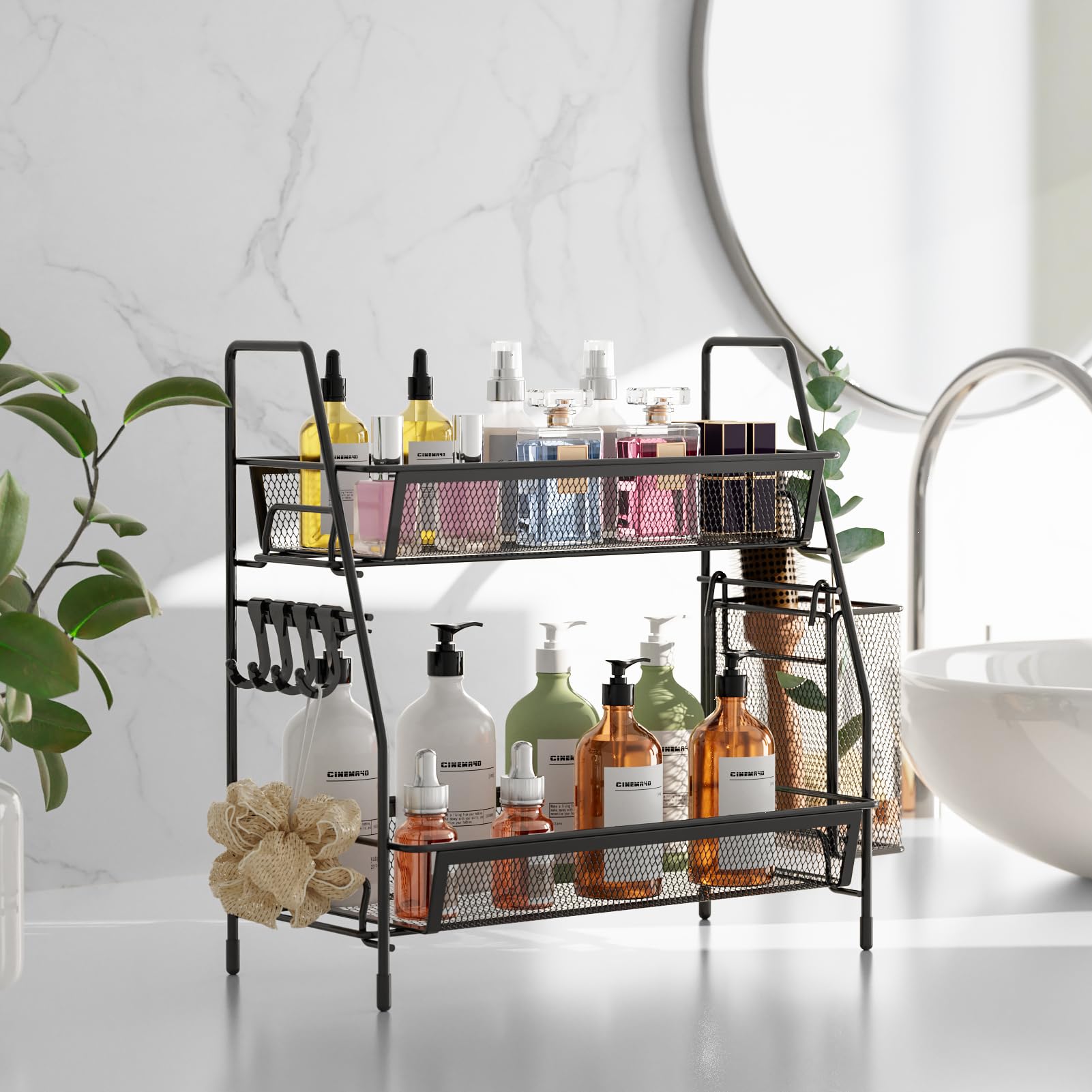 Vitviti 2-Tier Bathroom Organizer Countertop, Metal Wire Mesh Bathroom Counter Organizer Storage With Basket Hooks, Vanity Tray