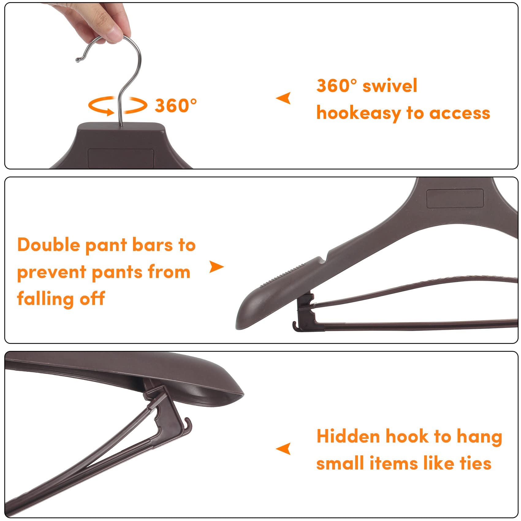 Suit Hangers For Men 50 Pack, Extra Wide Hangers Non Slip Width 17.7'', Brown Coat Hangers Thick Plastic With Pants Bar 360 Swiv