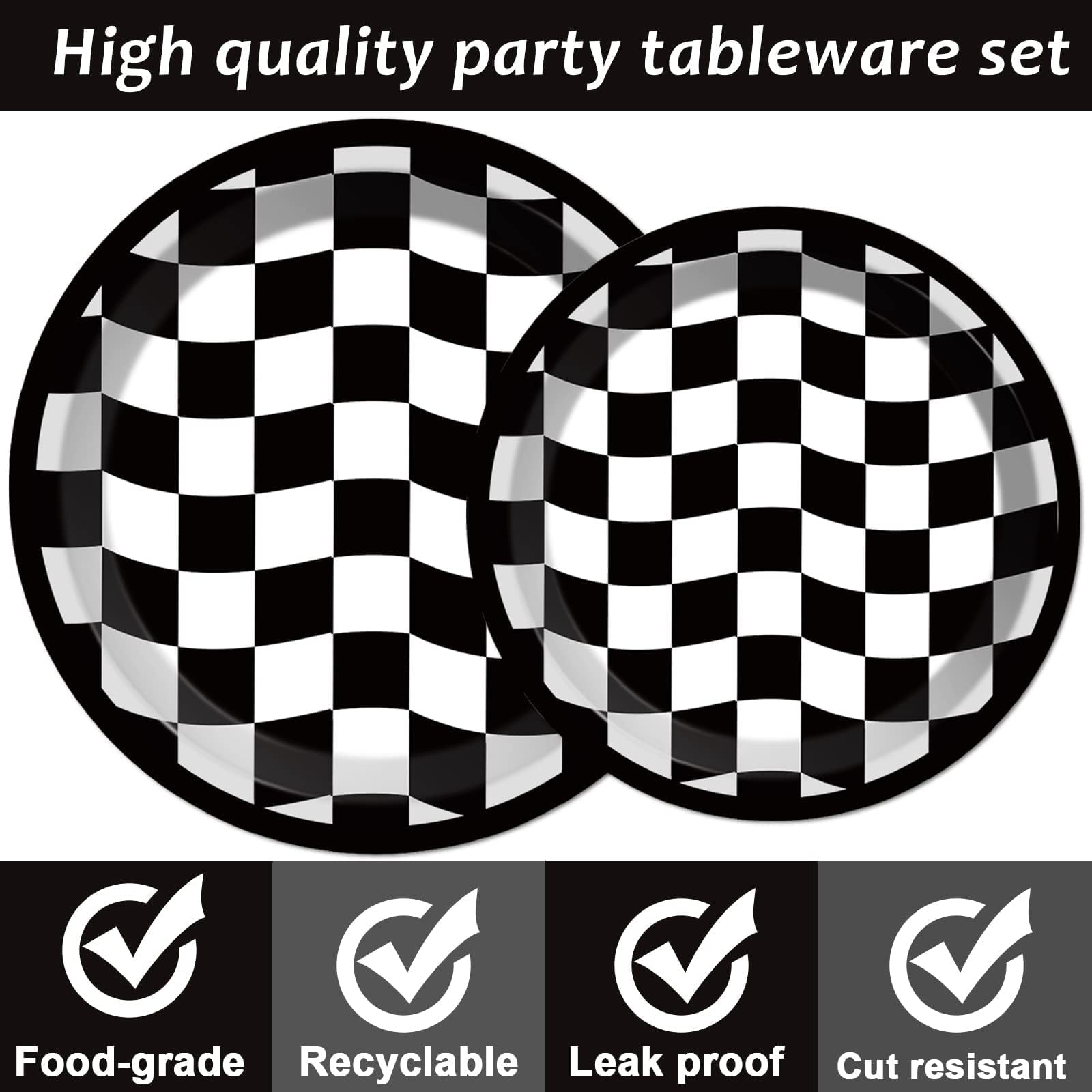 96 Pieces Black And White Checkered Tableware Set For Race Sports Themed Table Supplies Decorations Racing Car Dessert Plates Ra