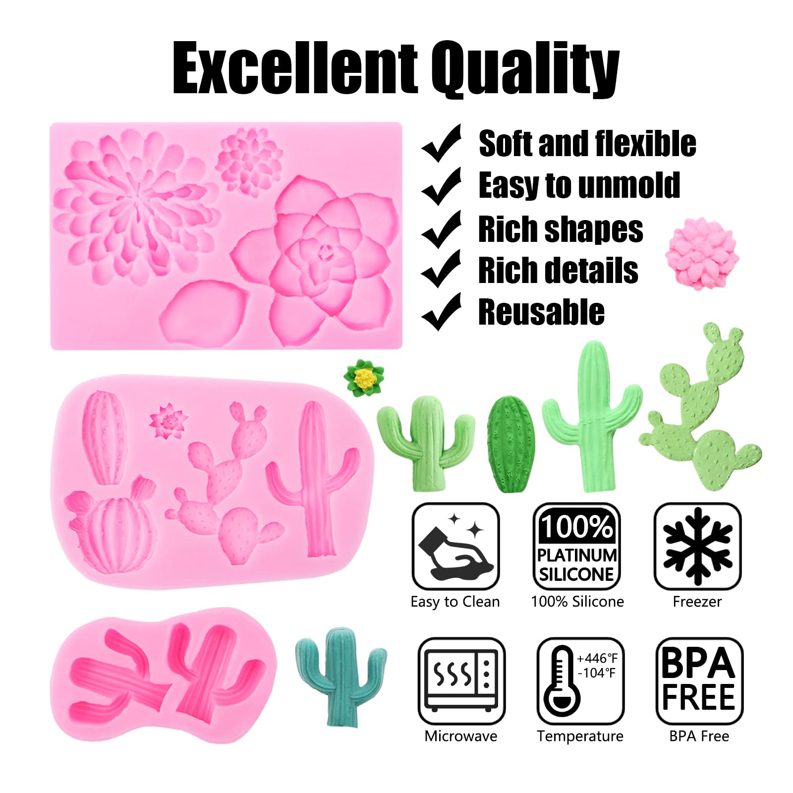 Cactus Succulent Silicone Mold 3 Pcs, Cacti Chocolae Fondant Molds For Baking, Candy, Cake Decorations, Cupcake Toppers Polymer