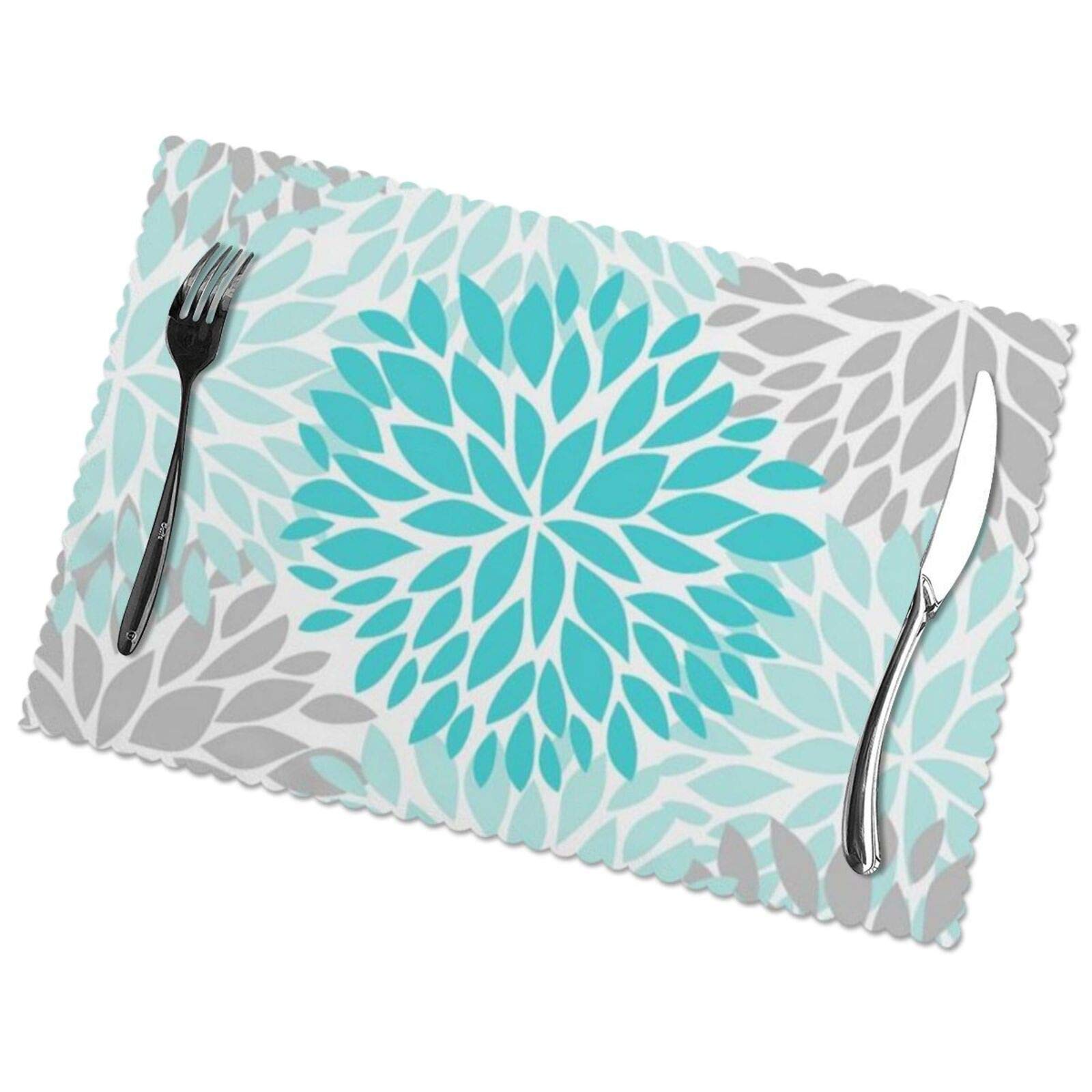 Turquoise Blue And Gray Placemats Set Of 6, Washable Table Place Mats For Kitchen Dining Home 12 X 18 Inch