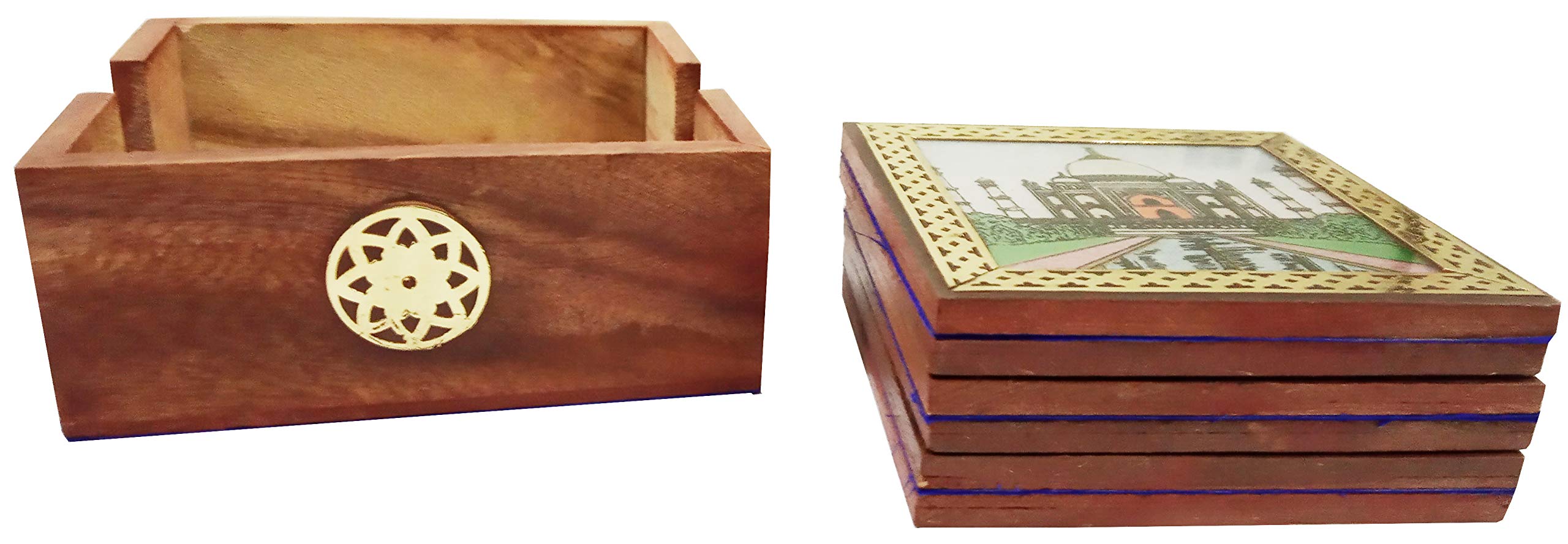 Purpledip Pinewood Gemstone Coasters (Set Of 6): Taj Mahal (10716A)