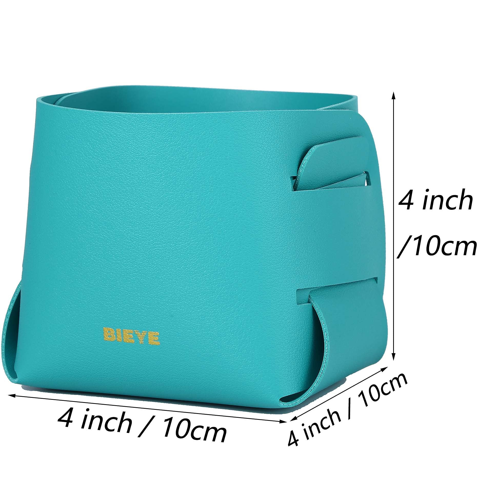 Bieye LSB002 Collapsible Leather Storage Bin Decorative Desk Organizer for Jewelry Makeup Pen Pencil Glasses Remote Controller Storage (Turquoise  4WX4LX4H)