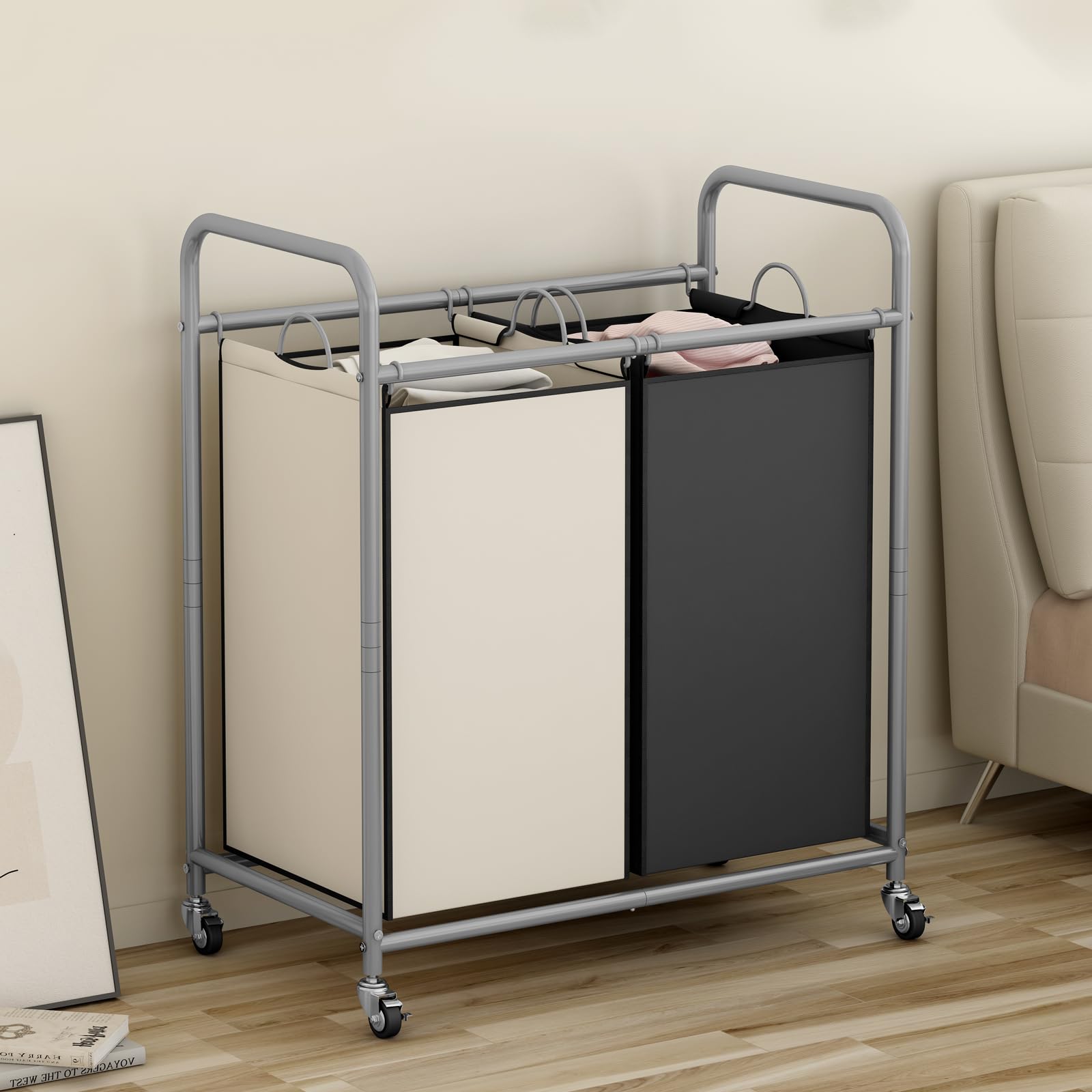 Suoernuo Laundry Sorter Basket 2 Bag Laundry Hamper Cart With Rolling Lockable Wheels And Removable Bags Laundry Organizer Cart