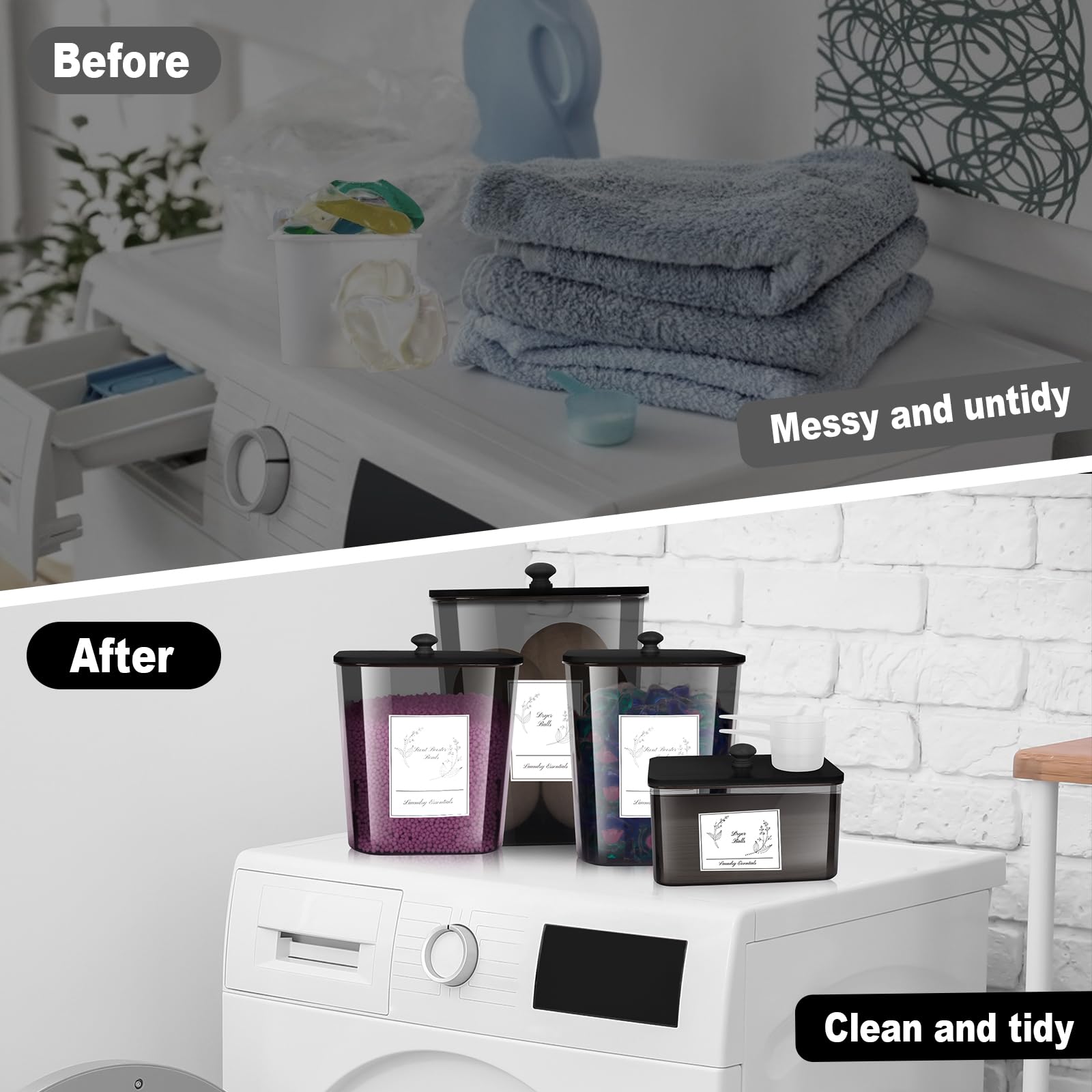 Zingbee 4 Pack Laundry Detergent Containers & Dryer Sheet Holder With Black Lids, Scoops & Labels - Plastic Laundry Organizer An
