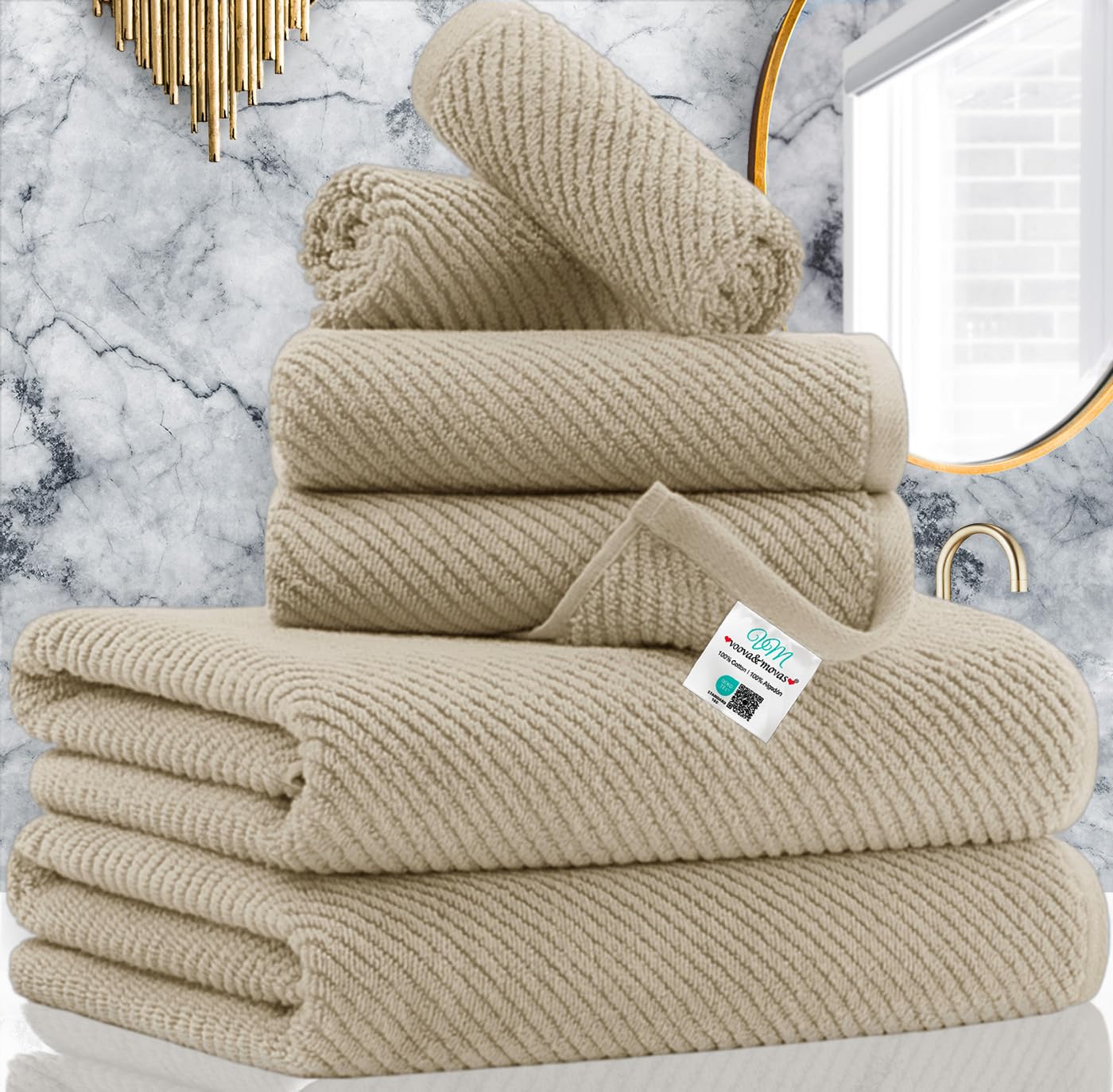 Tan Towels For Bathroom - 100% Cotton | Lightweight | Soft | Thick, 2 Bath Towels 30''X56'', 2 Hand Towels 18''X28'', 2 Washclot