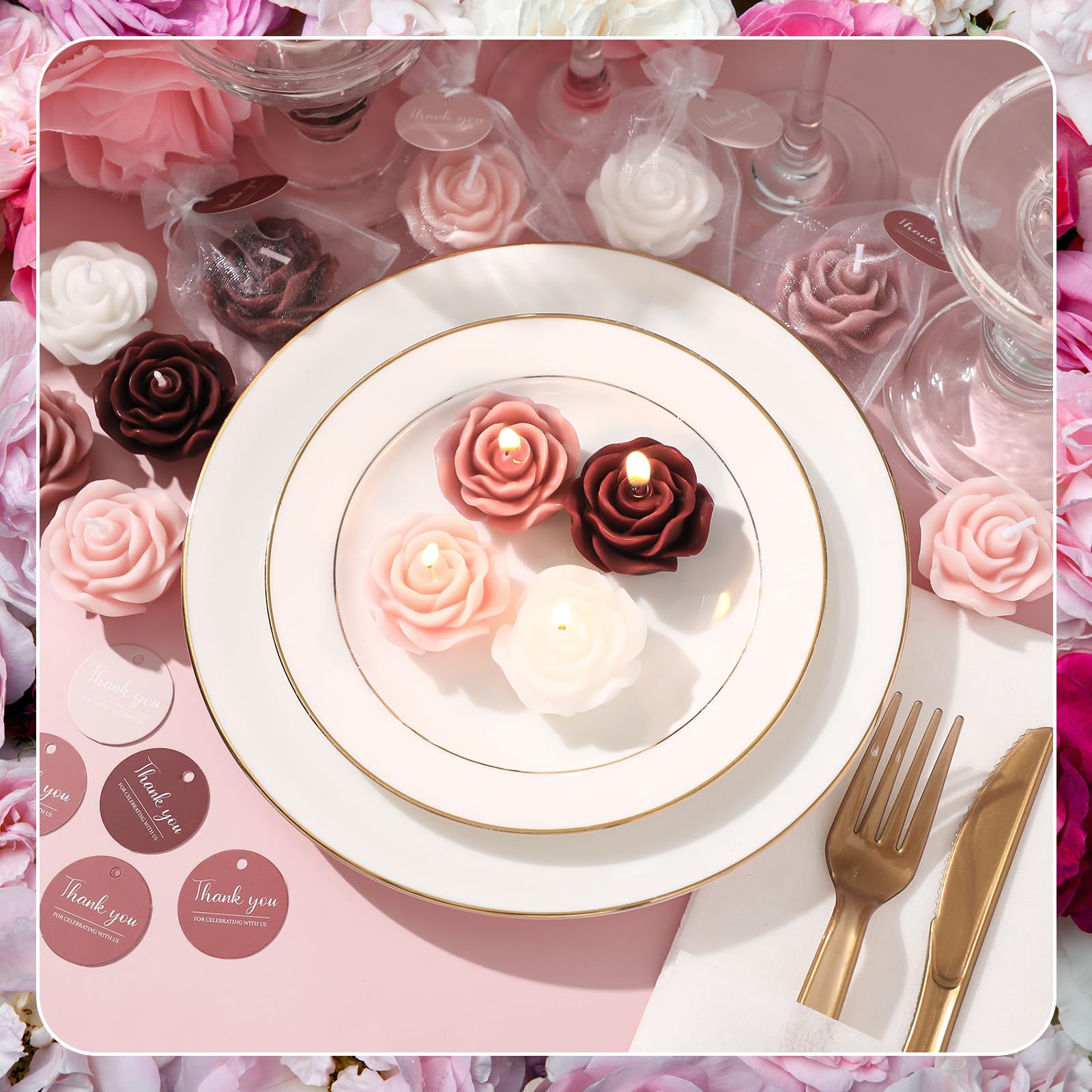 Treela 50 Set Flower Candles Wedding Favor for Guests Mini Burgundy Rose Shaped Tealight Candles for Return Gift Wedding Birthda