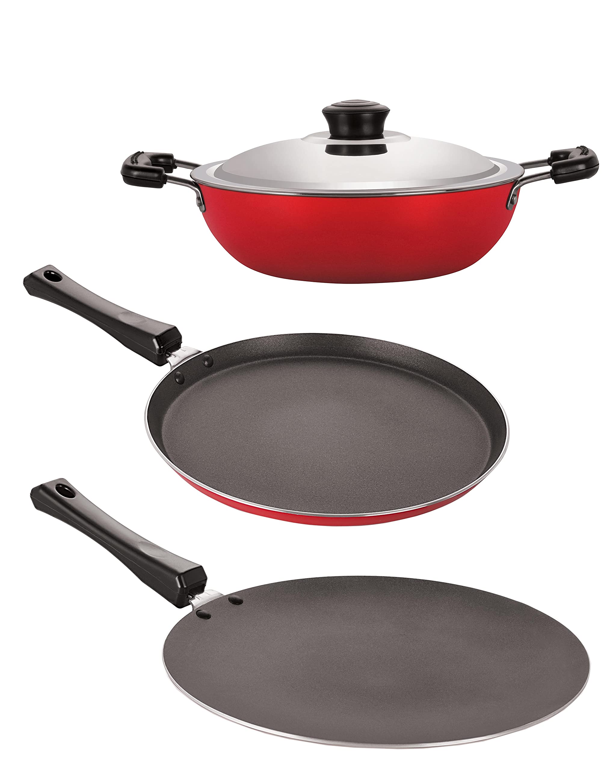 Nirlon NonStick Aluminium Cookware Set, 3Pieces, Red (2.6Mm_Ft13_Ct_Dkdb)