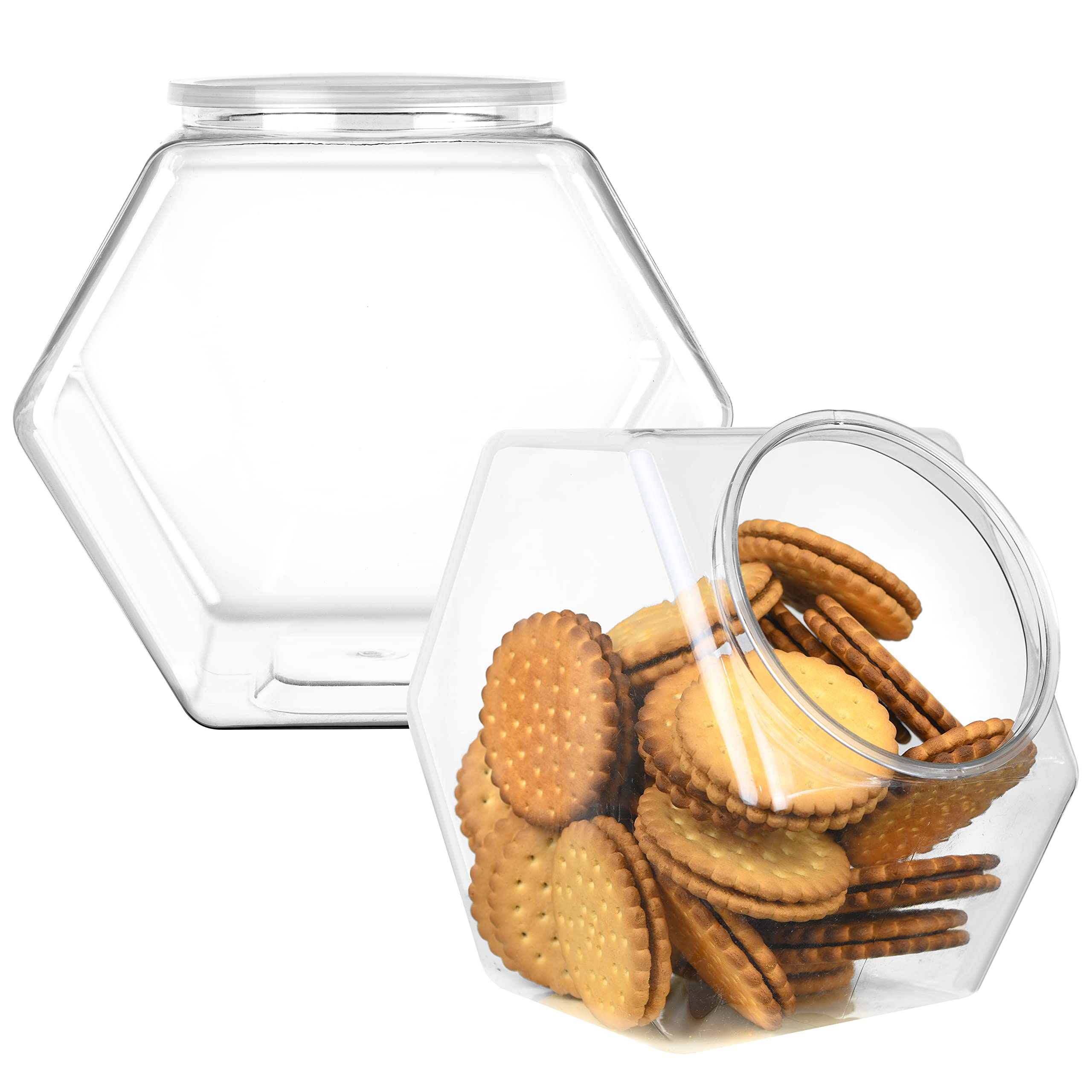 Dilabee 2-Pack Plastic Cookie Jar - 1 Gallon Hexagon Candy Jars With Lids For Candy Buffet, Kitchen & Office - Clear Jars With L