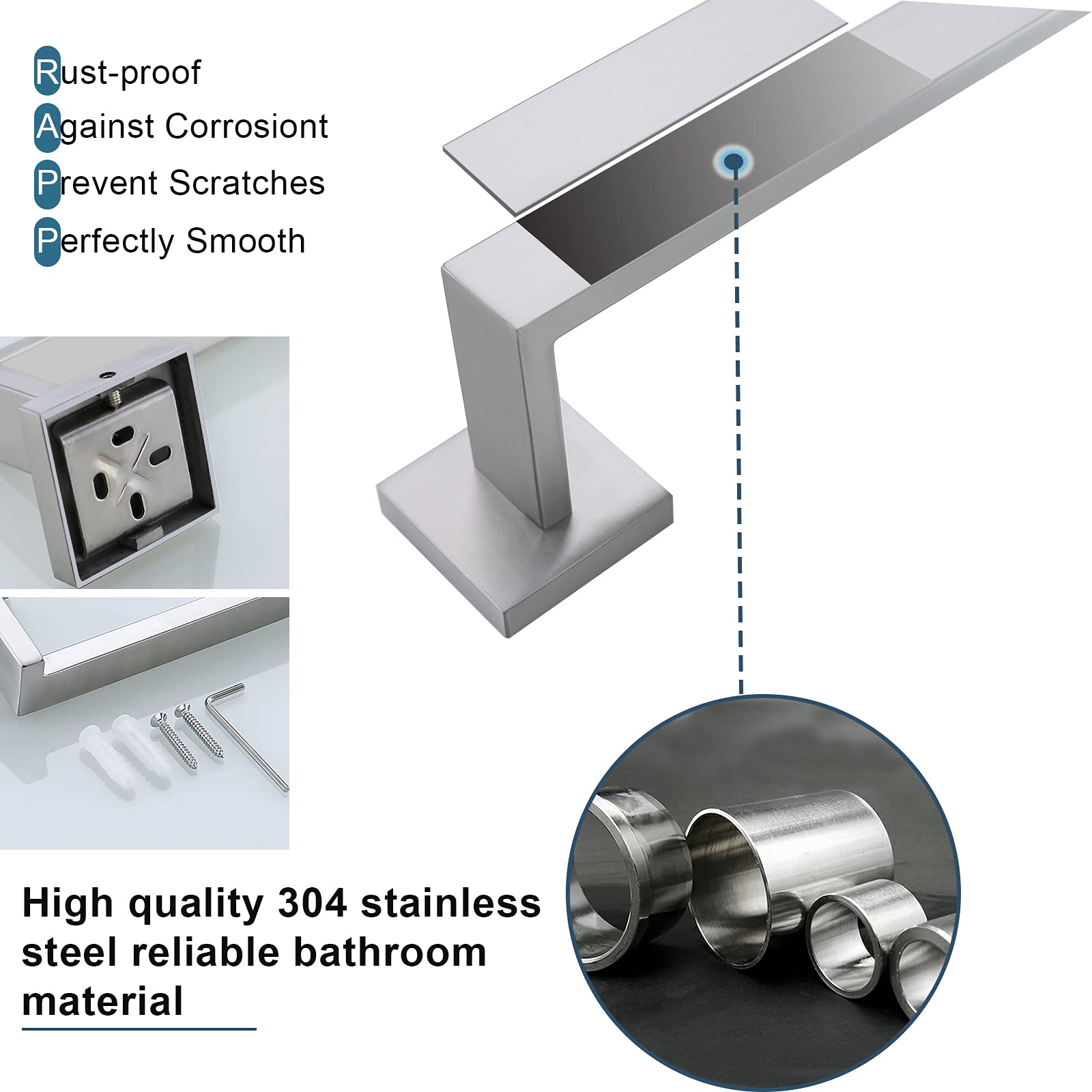 Brushed 4-Piece Bathroom Hardware Set Premium Stainless Steel Bath Towel Bar Sets Wall Mounted Square Bathroom Accessories Kit  23.6 Inch Brushed Nickel