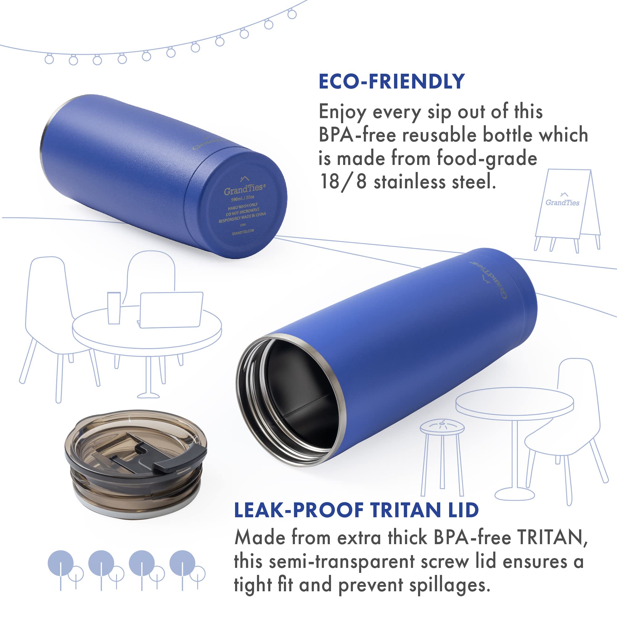 Grandties Insulated Coffee Tumbler Cup W/Tritan Lid | Leak Proof, Reusable, Double Walled Vacuum Stainless Steel Water Bottle Tr