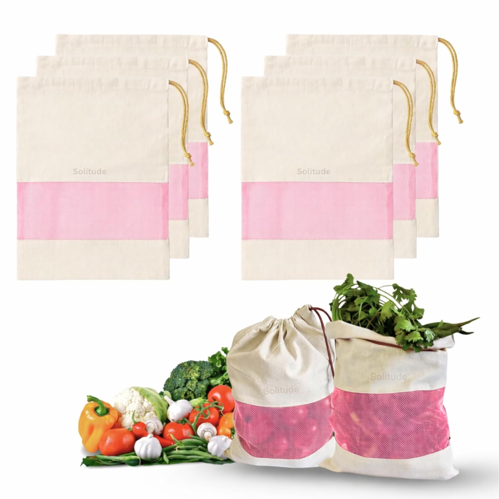 Solitude Set Of 6 Cotton Vegetable Bags Fridge Storage Bag Sabji Fruits Pouch Refrigerator Produce Muslin Reusable Washable & Mu