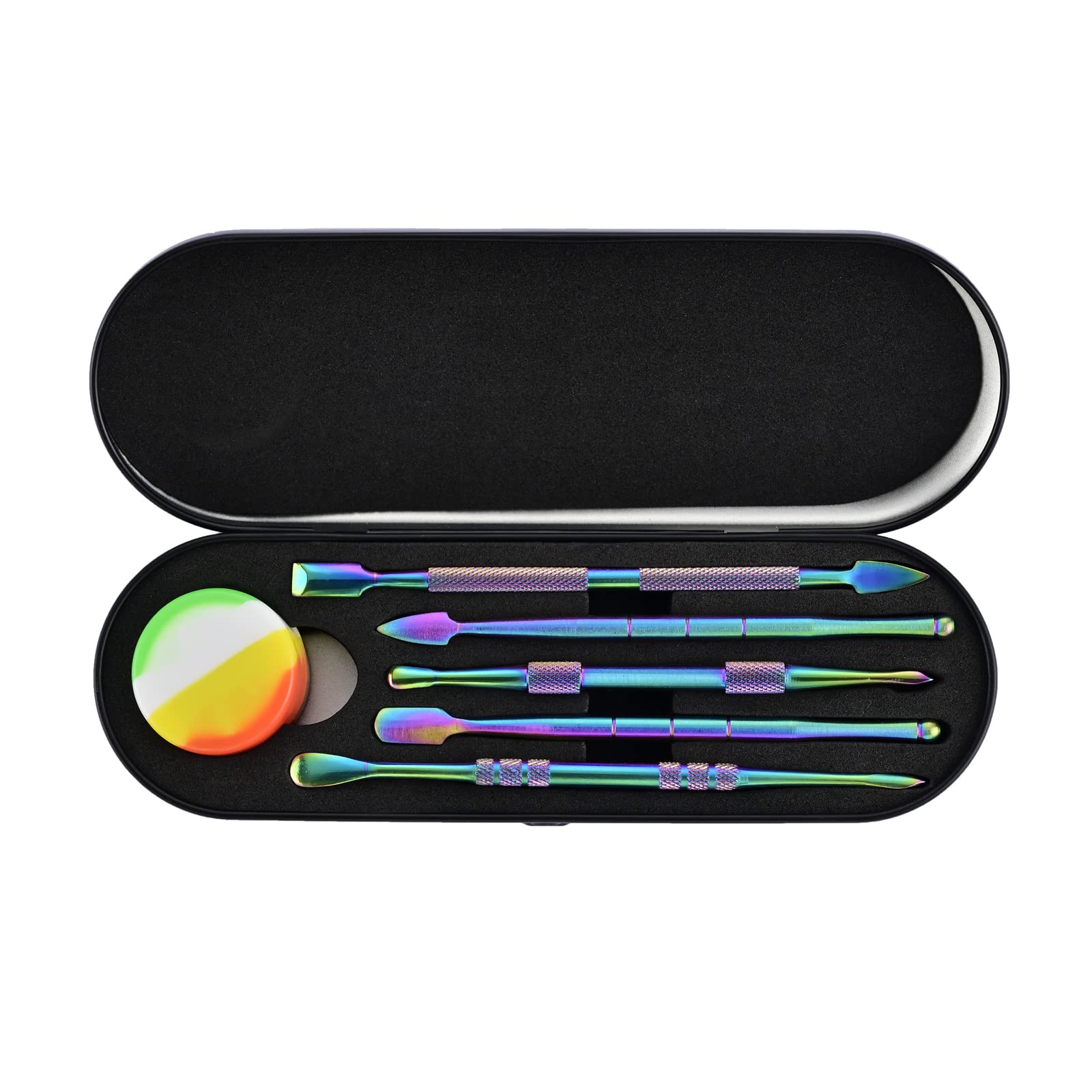 Beitoo 6-Pieces Wax Carving Tool Set Rainbow Stainless Steel Collecting Accessories With 5Ml Silicone Containers Jar