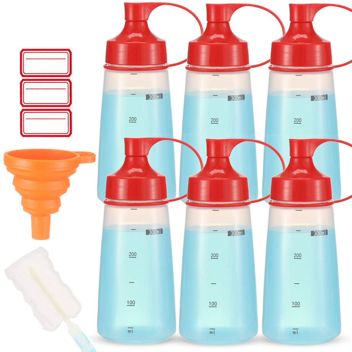 Ondiomn Condiment Squeeze Bottle Wide Mouth, 6 Pack 300Ml Clear Squeeze Bottles For Condiments, Paint, Ketchup, Mustard, Oil, Sa