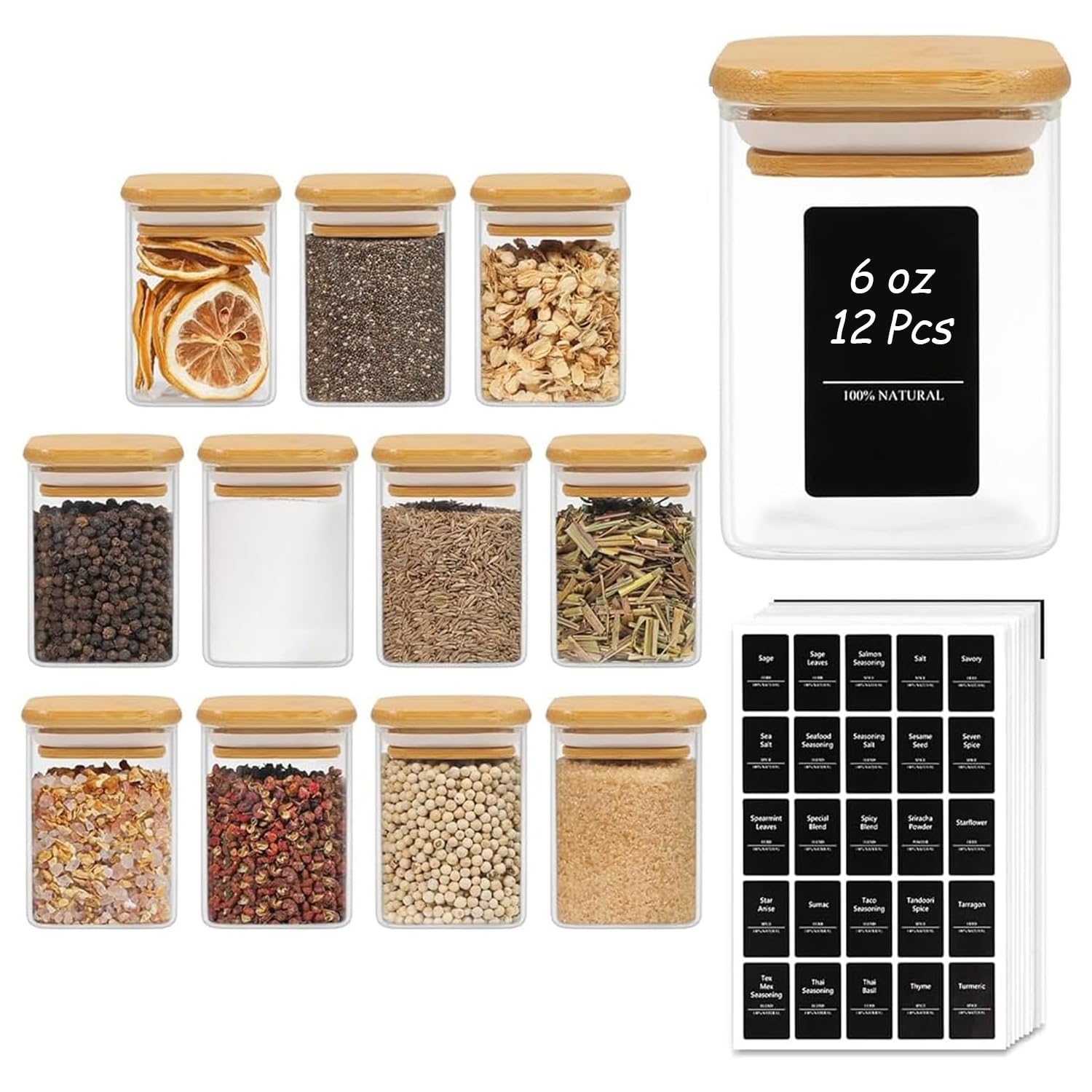 ComSaf Spice Jars with Labels 6 oz 12Pack, Small Spice Containers Starter Set, Glass Seasoning Jars with Lids, Square Seasoning 