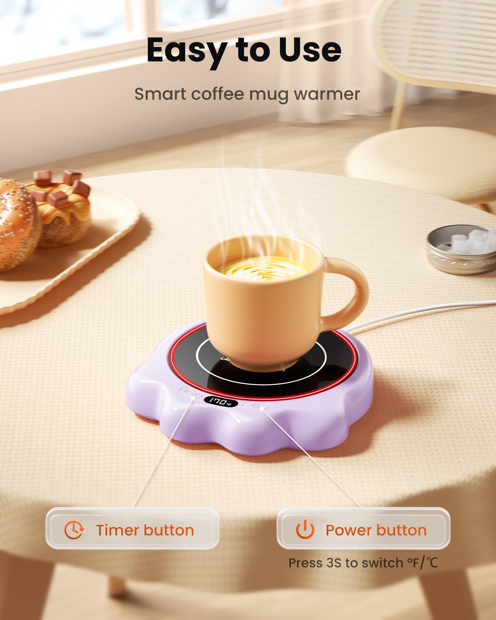 Gaiatop Mug Warmer, 50W Cute Cat Paw Cup Warmers, 3 Temp Settings, 2-10H Auto Shut Off, Coffee Accessories Keep Beverage Hot For