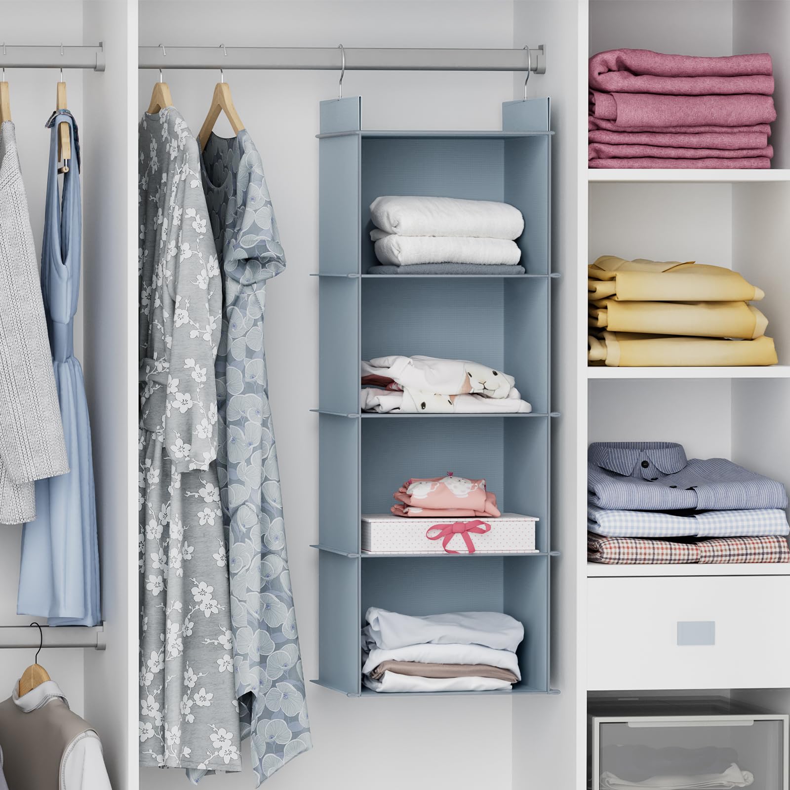 Youdenova Hanging Closet Organizer, 4-Shelf Closet Hanging Shelves, Grey