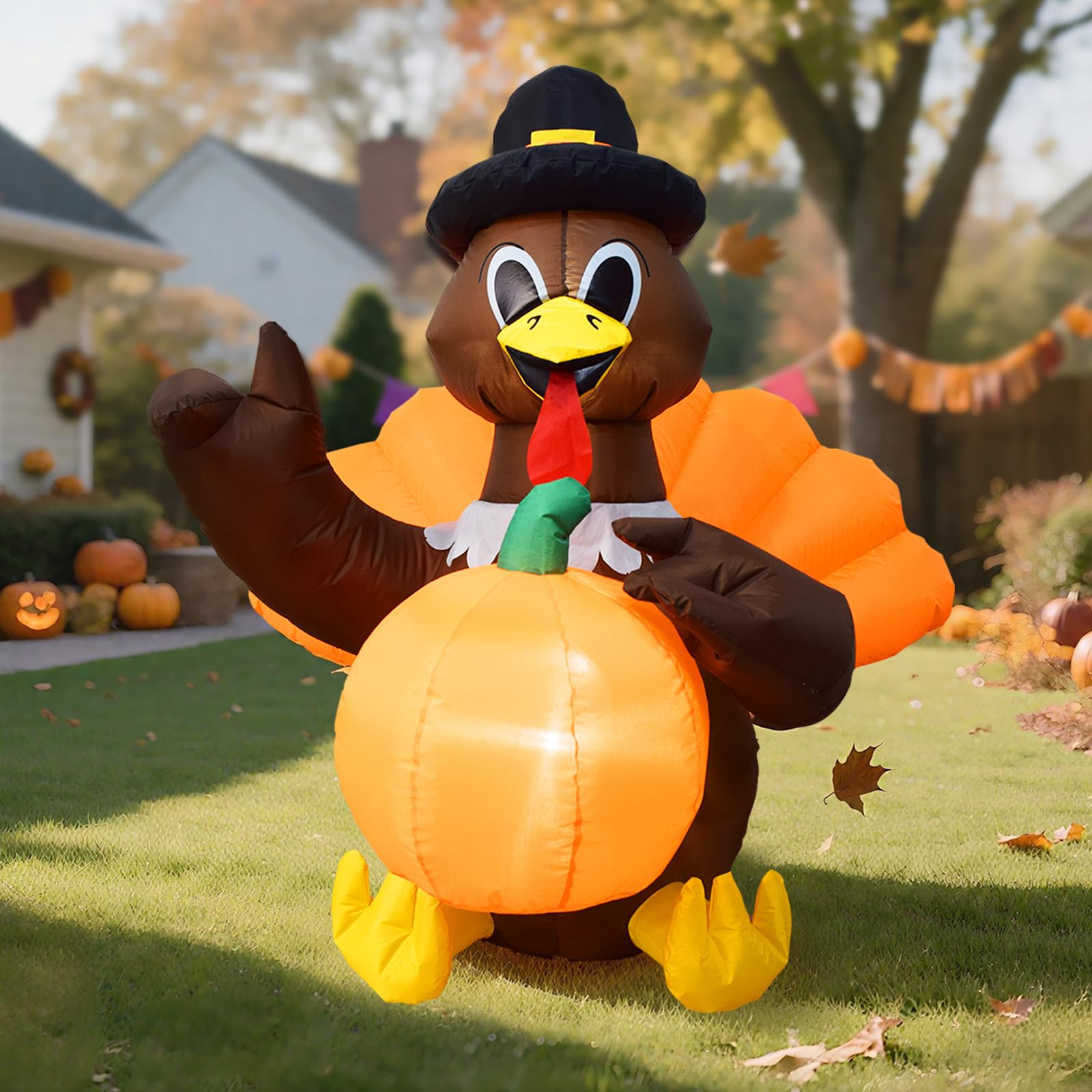 4FT Thanksgiving Turkey Inflatable with Built-in LED Lights, Blow Up Turkey with Pilgrim Hat Outdoor Holiday Decoration, Lawn Ya