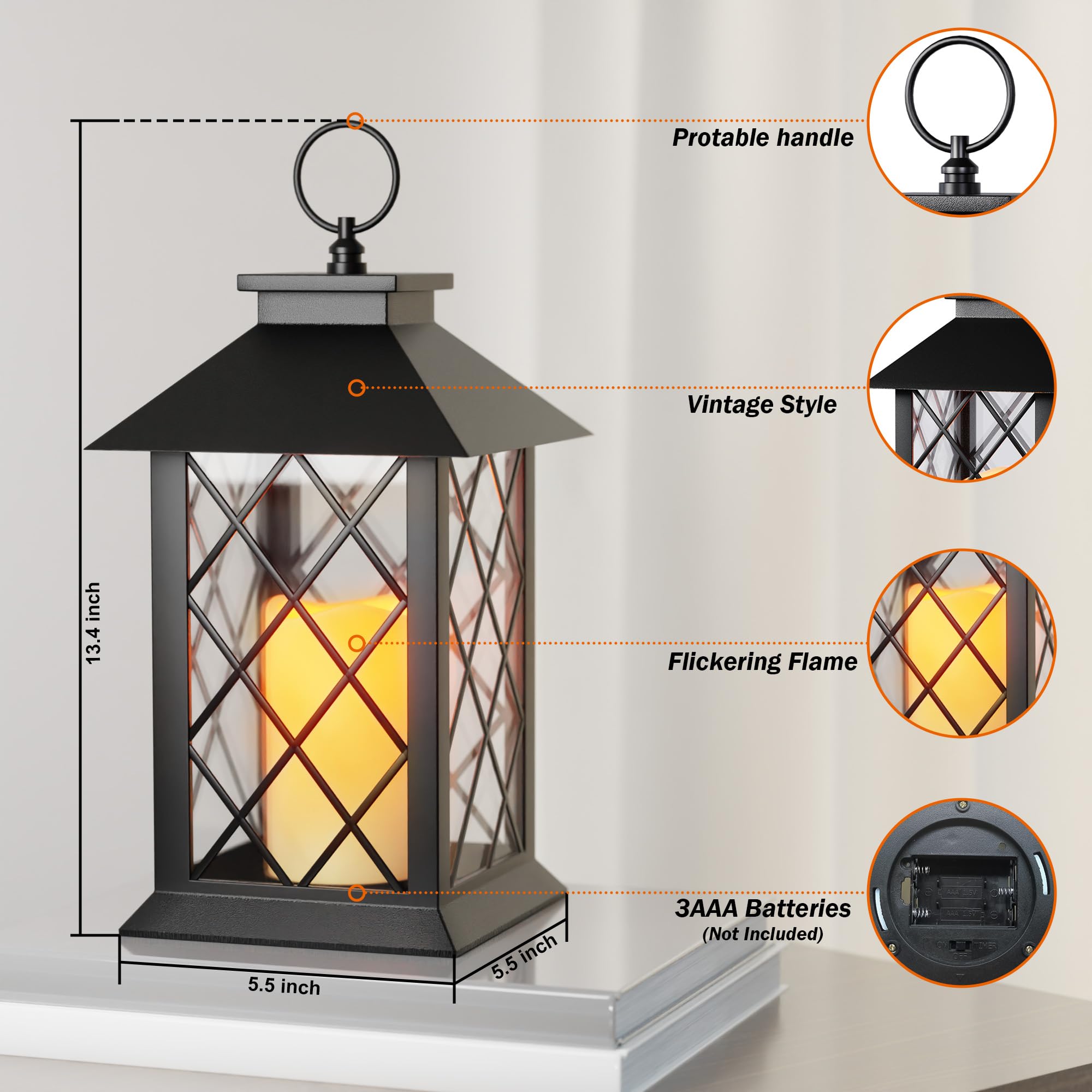 AFINETH 13.4 Lanterns Decorative Indoor, Black Lantern Decor with Timer Flickering Candle, Diamond-shaped Outdoor Lanterns, Wate