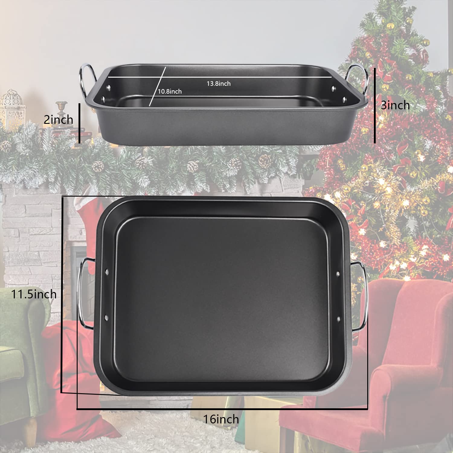 Kitcom Nonstick Roasting Pan With Rack, 16 Inch X 11.5 Inch Rectangular Roaster Set For Roasting Turkey, Chicken, Meat And Veggi