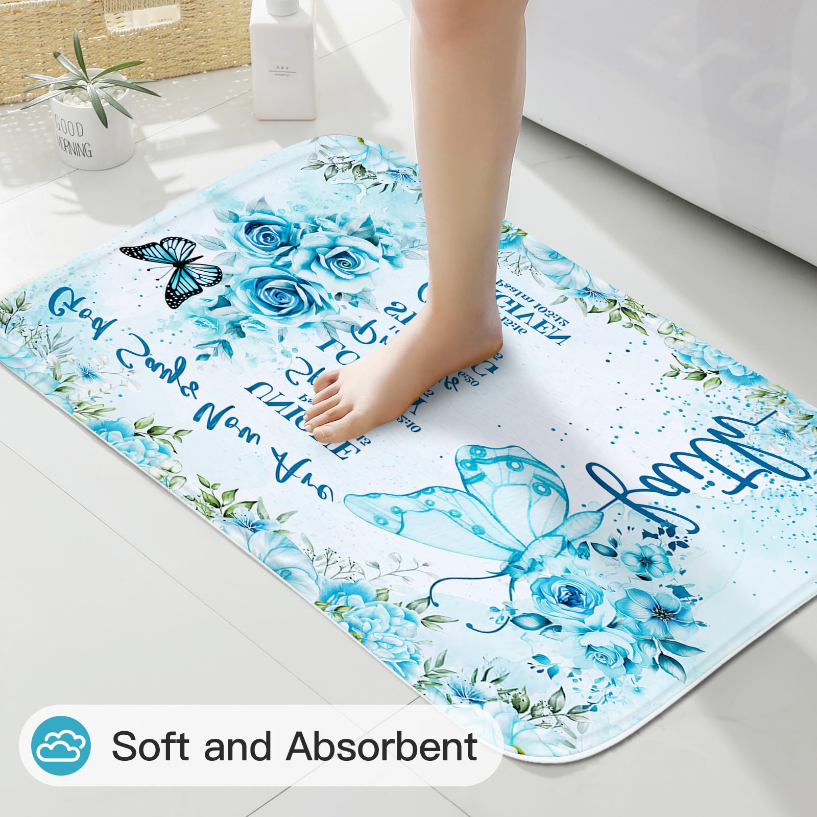 Litabel 4 Pcs Teal Butterfly Inspirational Quotes Shower Curtain Set With Rugs And Toilet Lid Cover, Colorful Boho Waterproof Fa