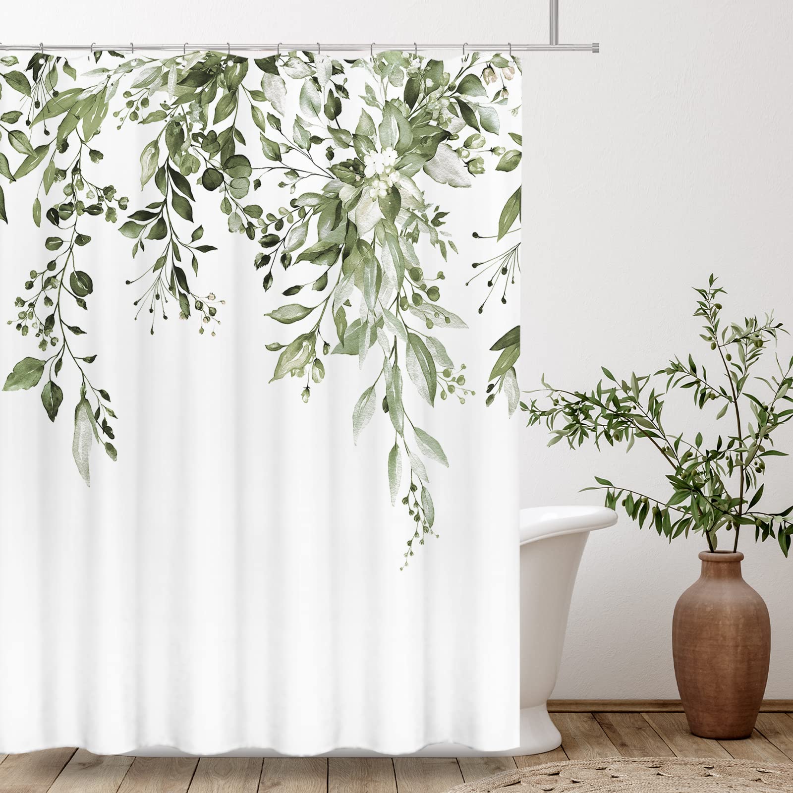 Tititex Olive Green Eucalyptus Shower Curtain Sets, Watercolor Leaves On The Top Plant With Floral Bathroom Decoration 72X84 Inc