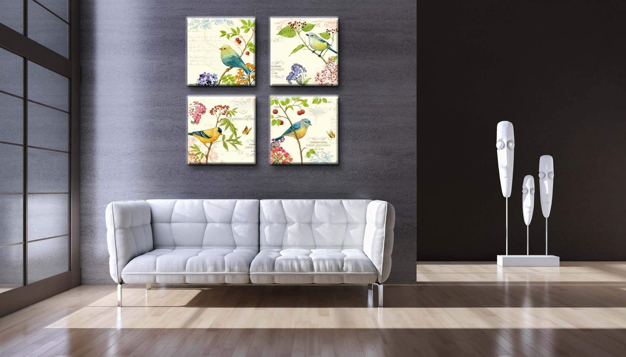 Specialart High-End Frame Wall Art - 4Pcs Birds On The Trees Of Bloom And Butterfly Pictures Print On Canvas Painting Stretched