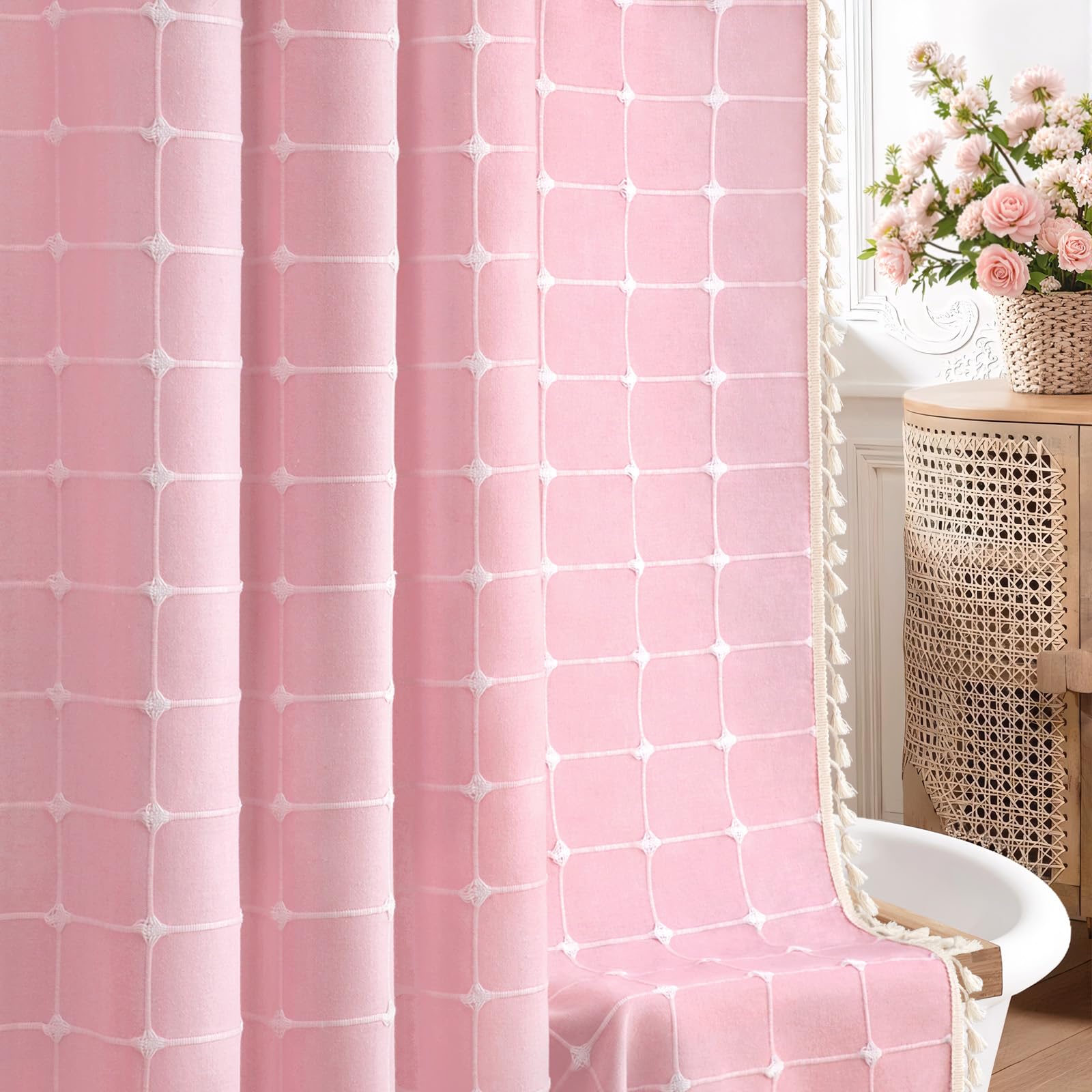 Nddycu Pink Shower Curtain Boho Farmhouse Plaid Flax Linen Tassel Shower Curtains For Bathroom Natural Cloth Cotton Fabric White
