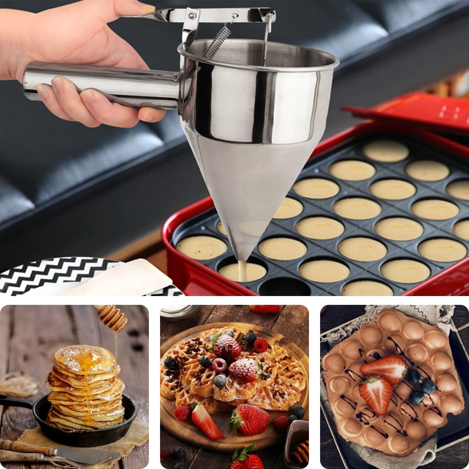 Stainless Steel Pancake Batter Dispenser, Funnel Dispenser With Stand, Kitchen Must Have Tool For Perfect Pancakes, Cupcake, Waf