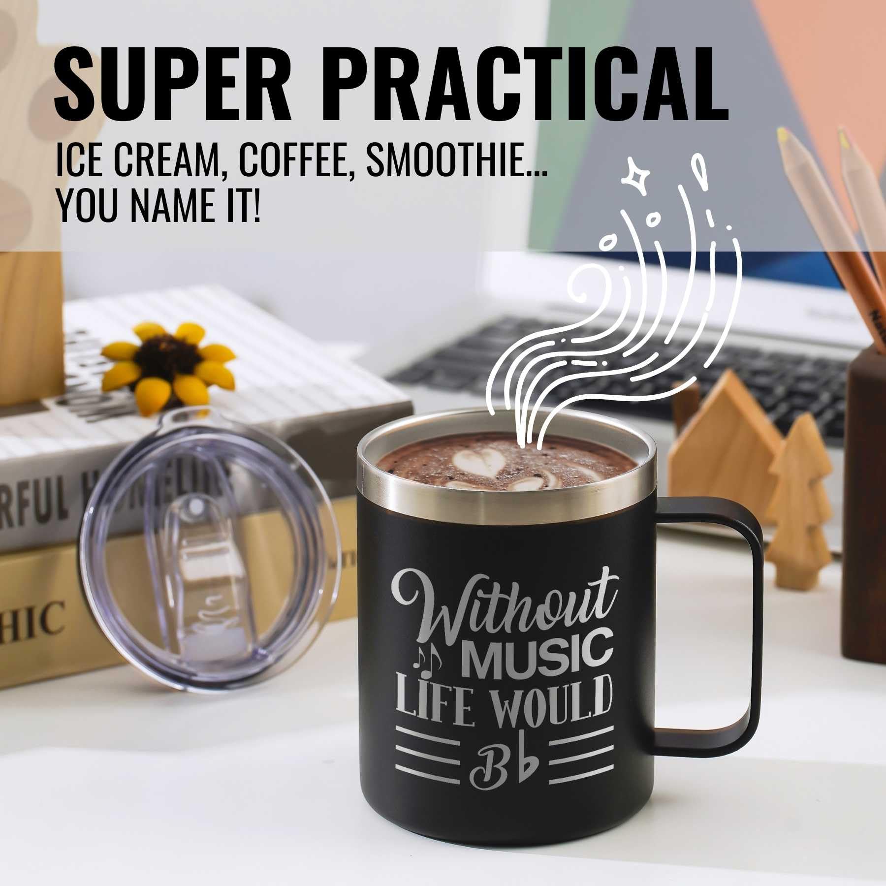 Onebttl Music Lover Gifts For Men, Male, Him - Without Music Life Would B Flat - 12 Oz /350 Ml Insulated Mugs With Lid - Musicia