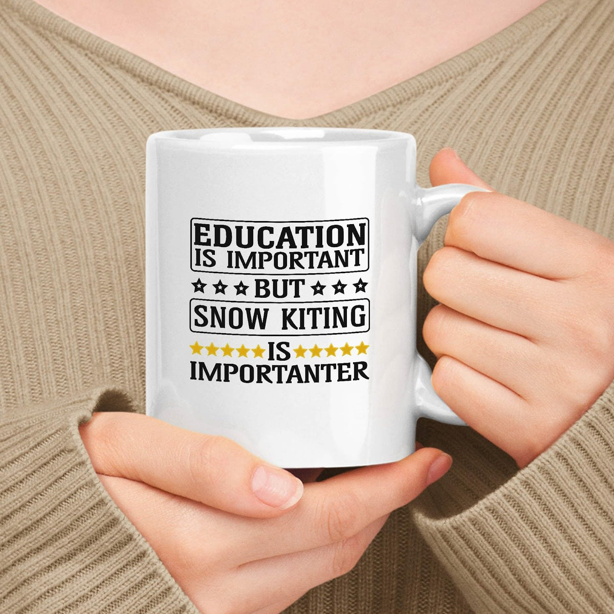 muggable Funny Gift For Snow Kiting Lovers, White 11oz Ceramic Mug - Education Is Important But Snow Kiting Is Importanter