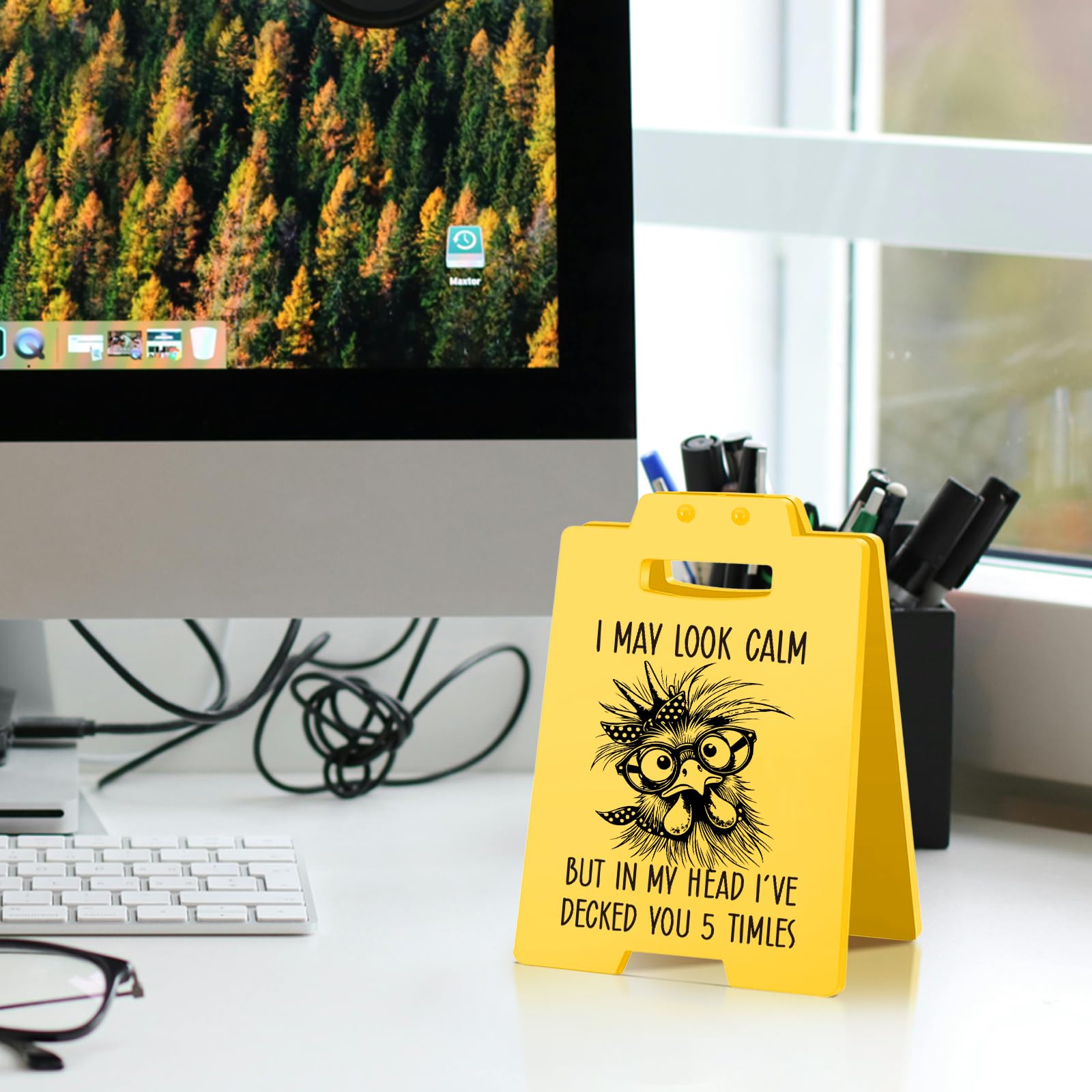 Funny Work Gifts I May Look Calm Desk Sign-Funny Chicken Western Humor | Small Office Gifts for Coworkers Friends, Cute Office D