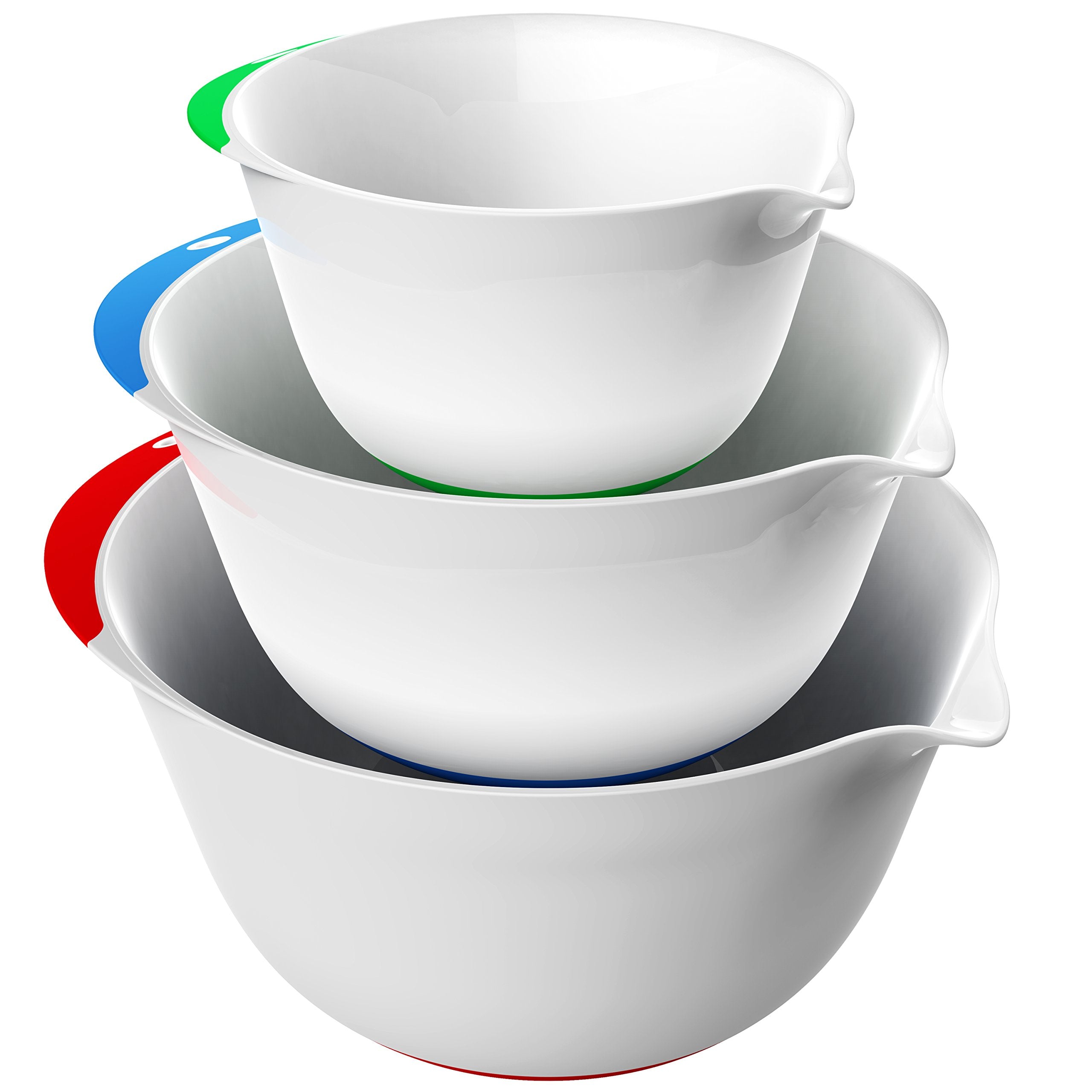 Vremi 3 Piece Plastic Mixing Bowl Set - Nesting Mixing Bowl With Rubber Grip Handles Easy Pour Spout And Non Slip Bottom - Three