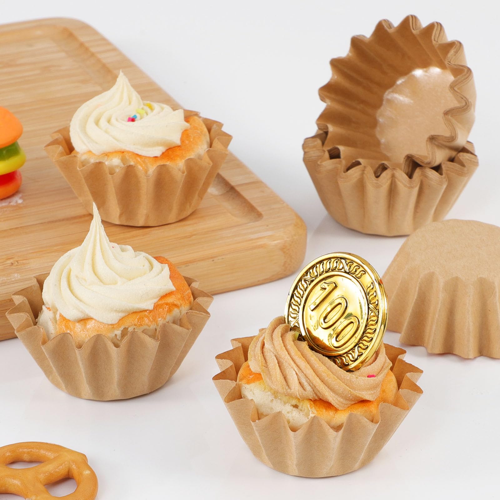 Caperci Grease-Resistant Natural Mini Cupcake Liners 200 Counts - Heavy Duty Paper Muffin Baking Cups, Odorless, No Muffin Pan N
