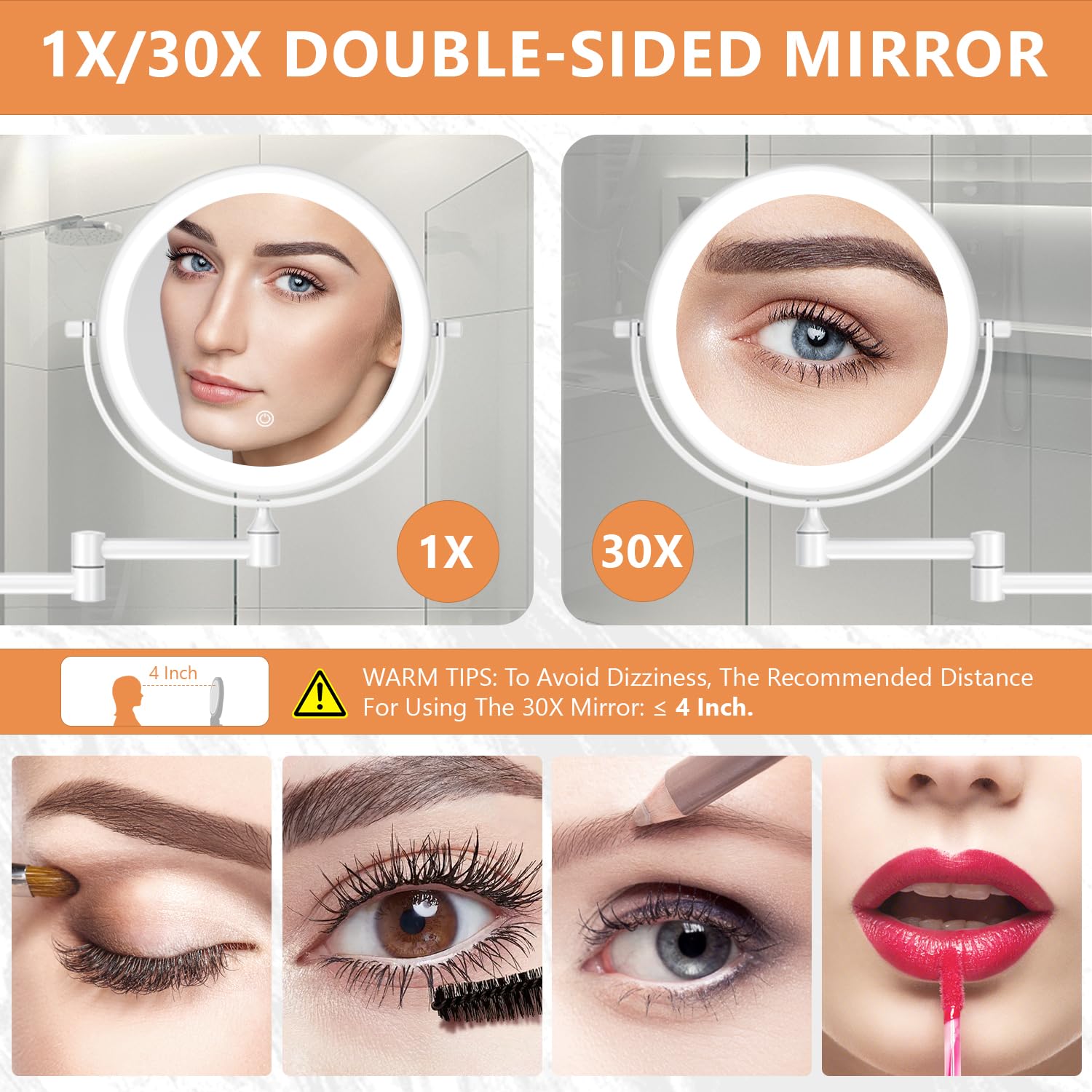 Auxmir 1X/30X Wall Mounted Makeup Mirror with Light, 8  Rechargeable Double-Sided Magnifying Mirror, Vanity Mirror Dimmable 3 Co
