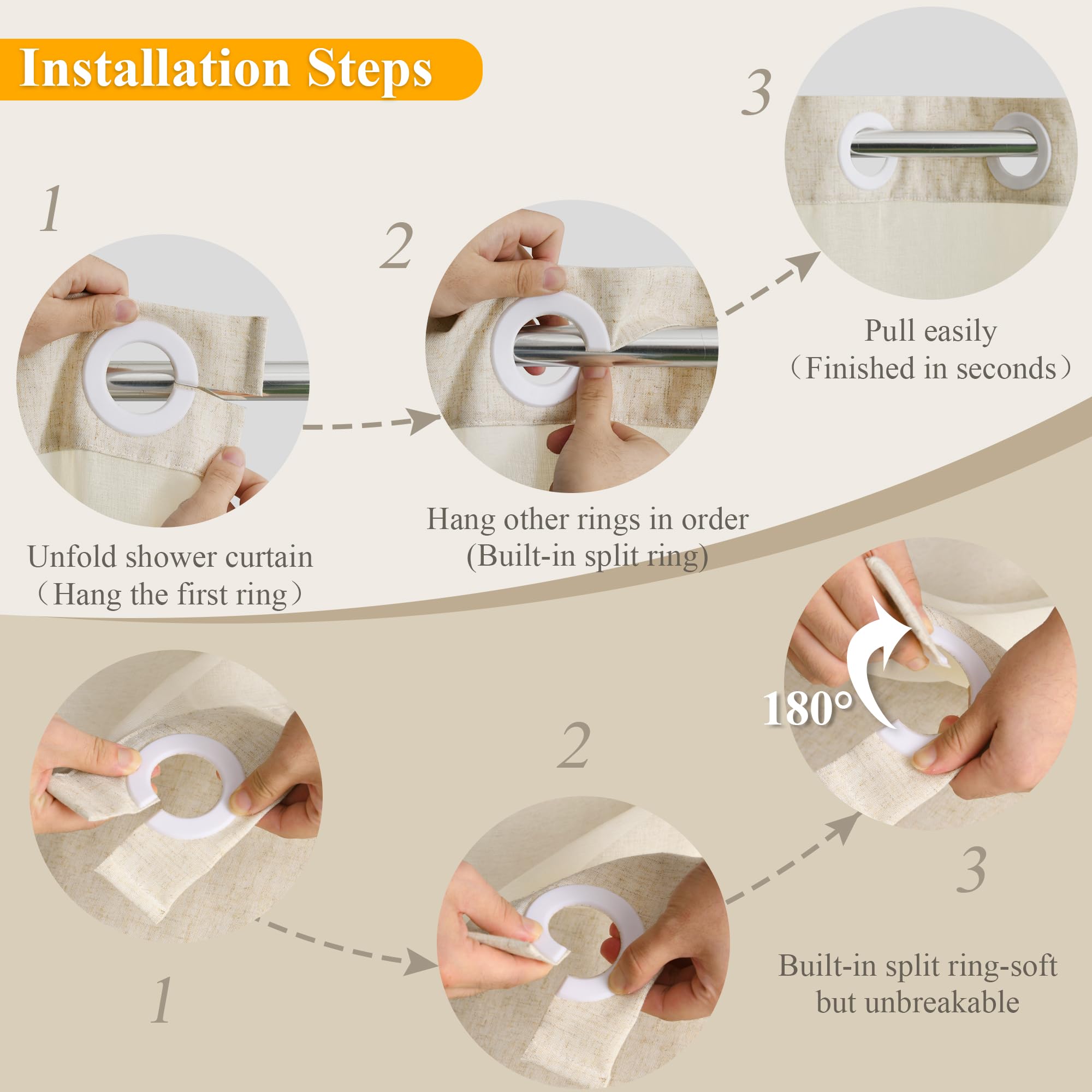 Jowels Linen No Hook Shower Curtain And Liner, Beige No Hooks Shower Curtain Set Top See Through Shower Curtain With Snap In Lin