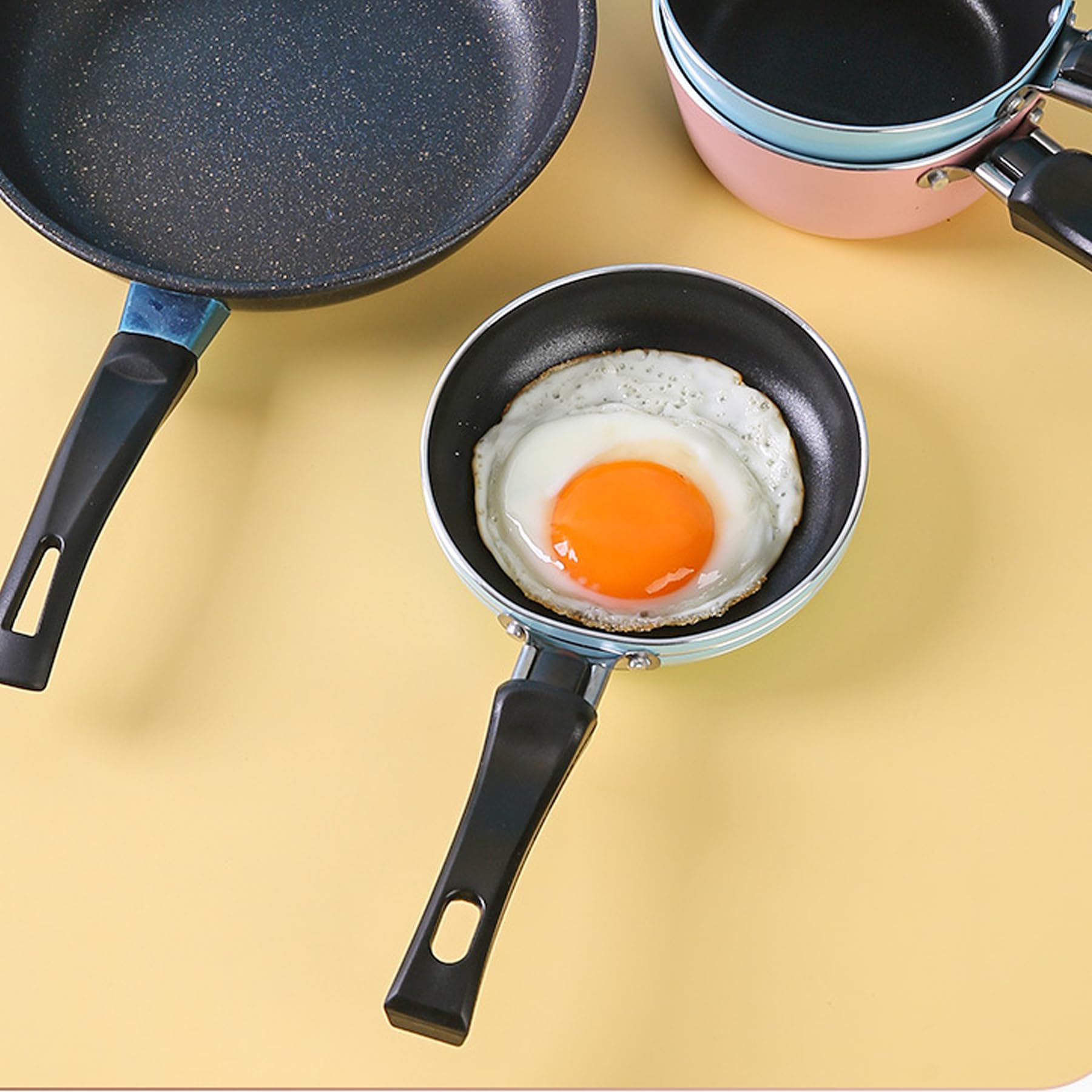 Zoofen 4.7'' Frying Pan Mini Round Egg Skillet Non Stick One Egg Fry Pan Breakfast Pan With Long Handle(Blue)