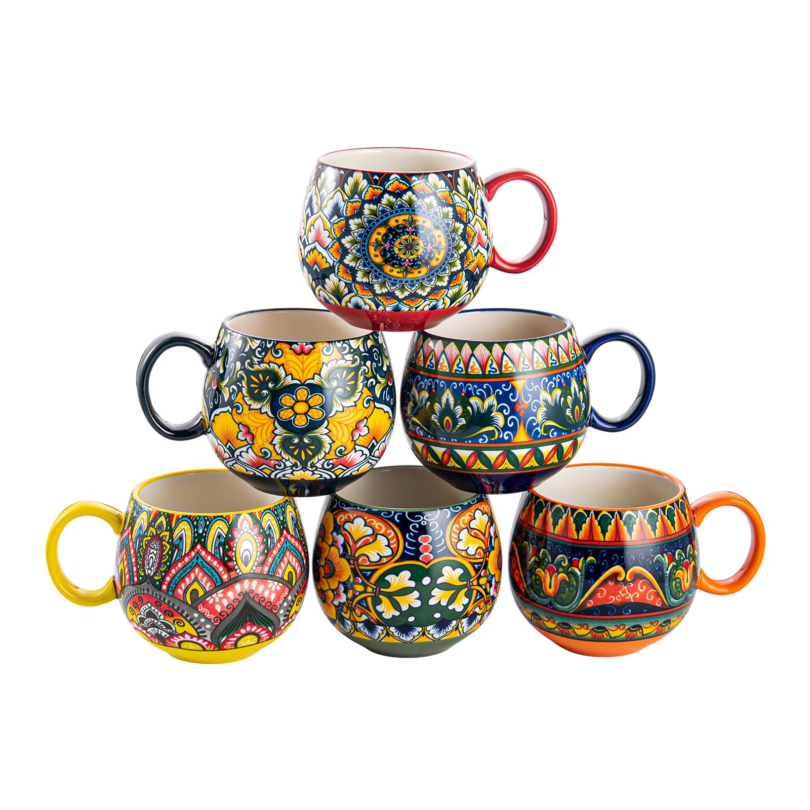Henten Home Ceramic Coffee Mug Set of 6, 20 oz Colorful Coffee Cup with Handle, Boho Porcelain Mug for Cappuccino, Latte, Tea, H
