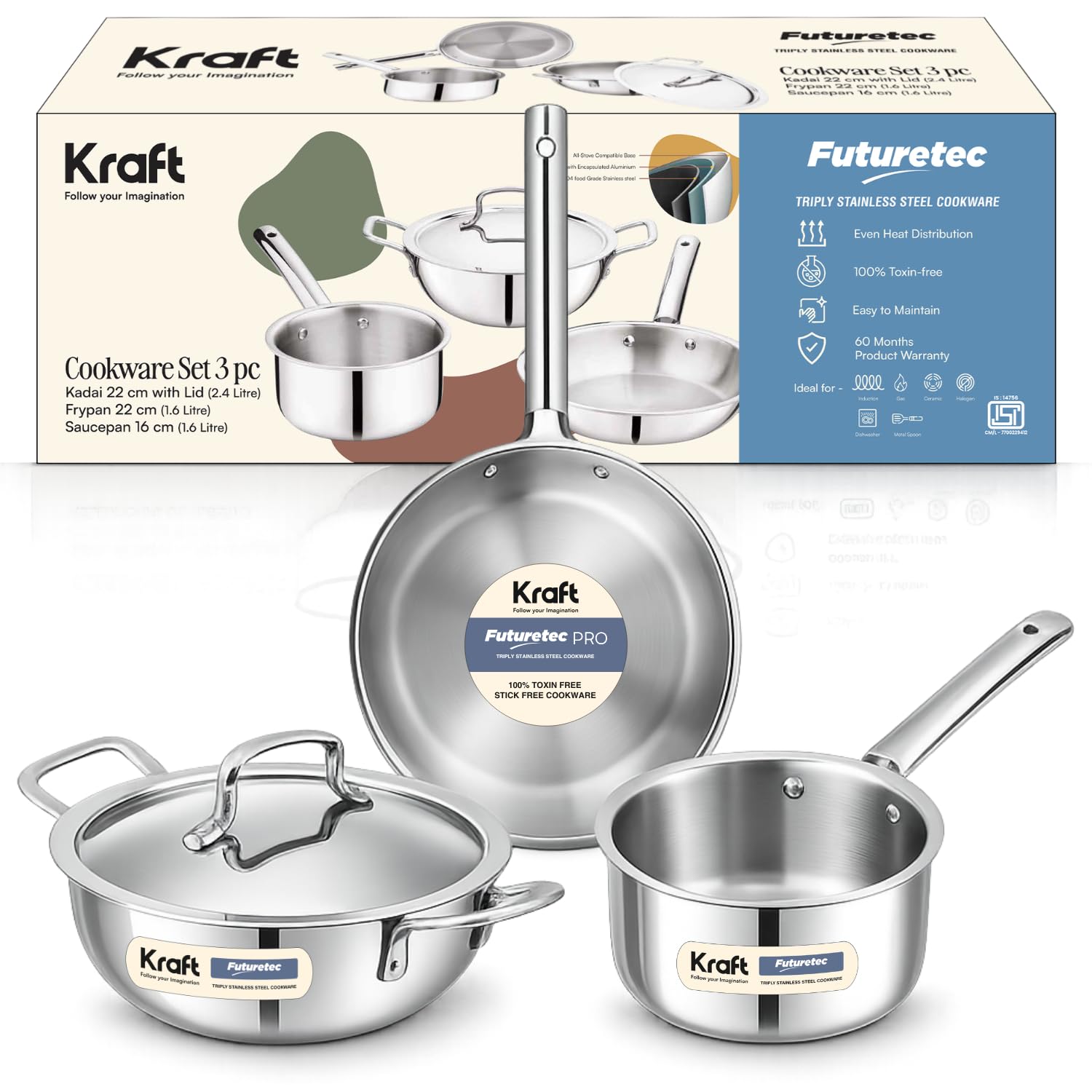 Kraft Futuretec 4 Pcs Triply Stainless Steel Cookware Set | 22Cm (2.4 L) Extra Deep Kadai With Lid, 22Cm (1.6 L) Frypan, 16Cm (1