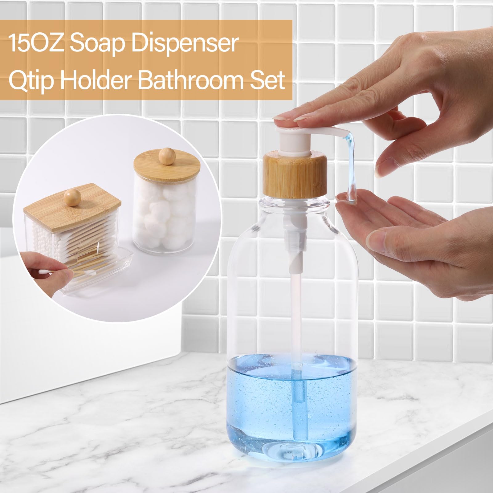 Tbestmax Bamboo Bathroom Accessories Set 4 Pcs - Clear Toothbrush Holder Plastic Soap Dispenser And 2 Qtip Holder Cotton Swab/Pa