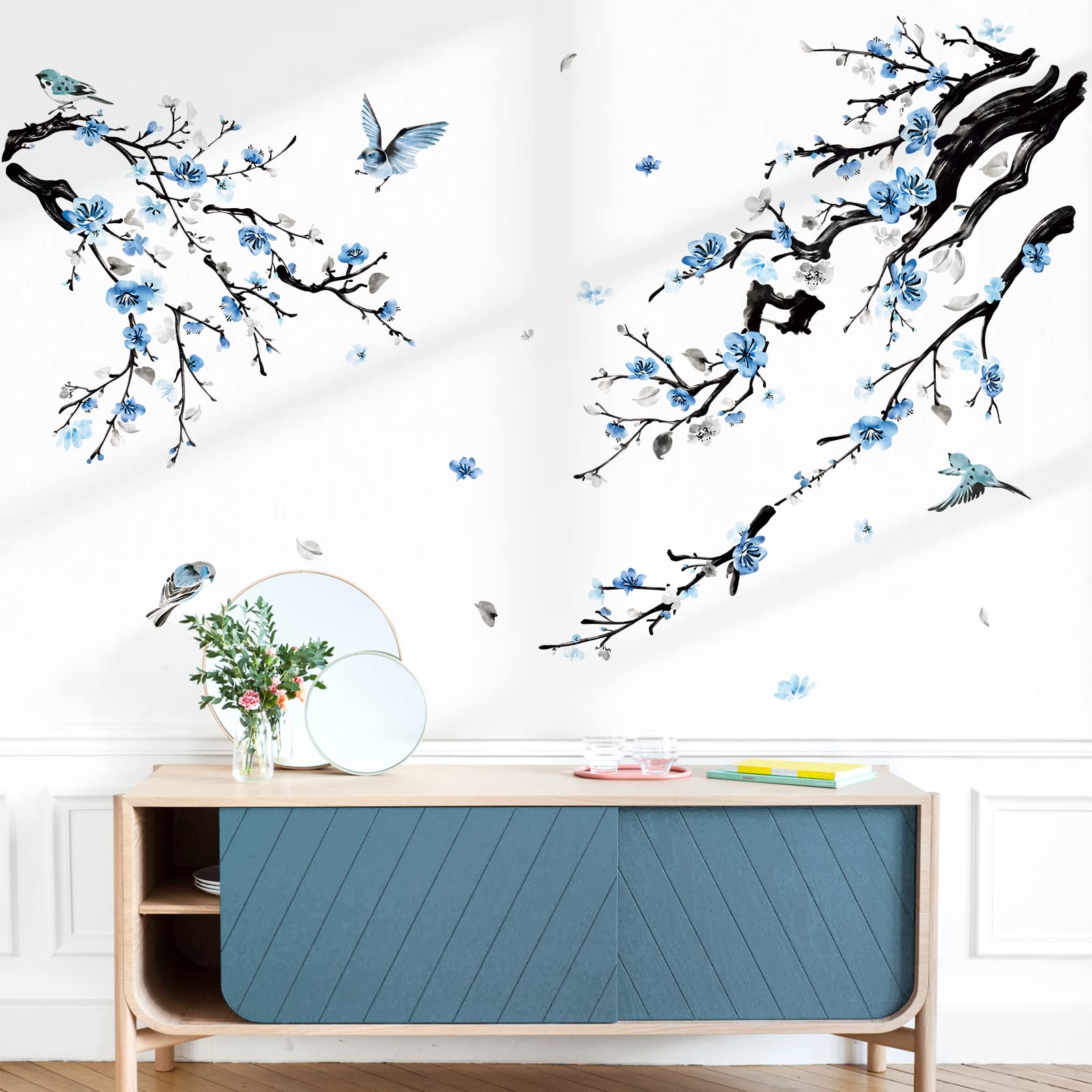 Wondever Watercolor Flower Tree Branch Wall Stickers Blossom Blue Floral Birds Peel And Stick Wall Art Decals For Living Room Be