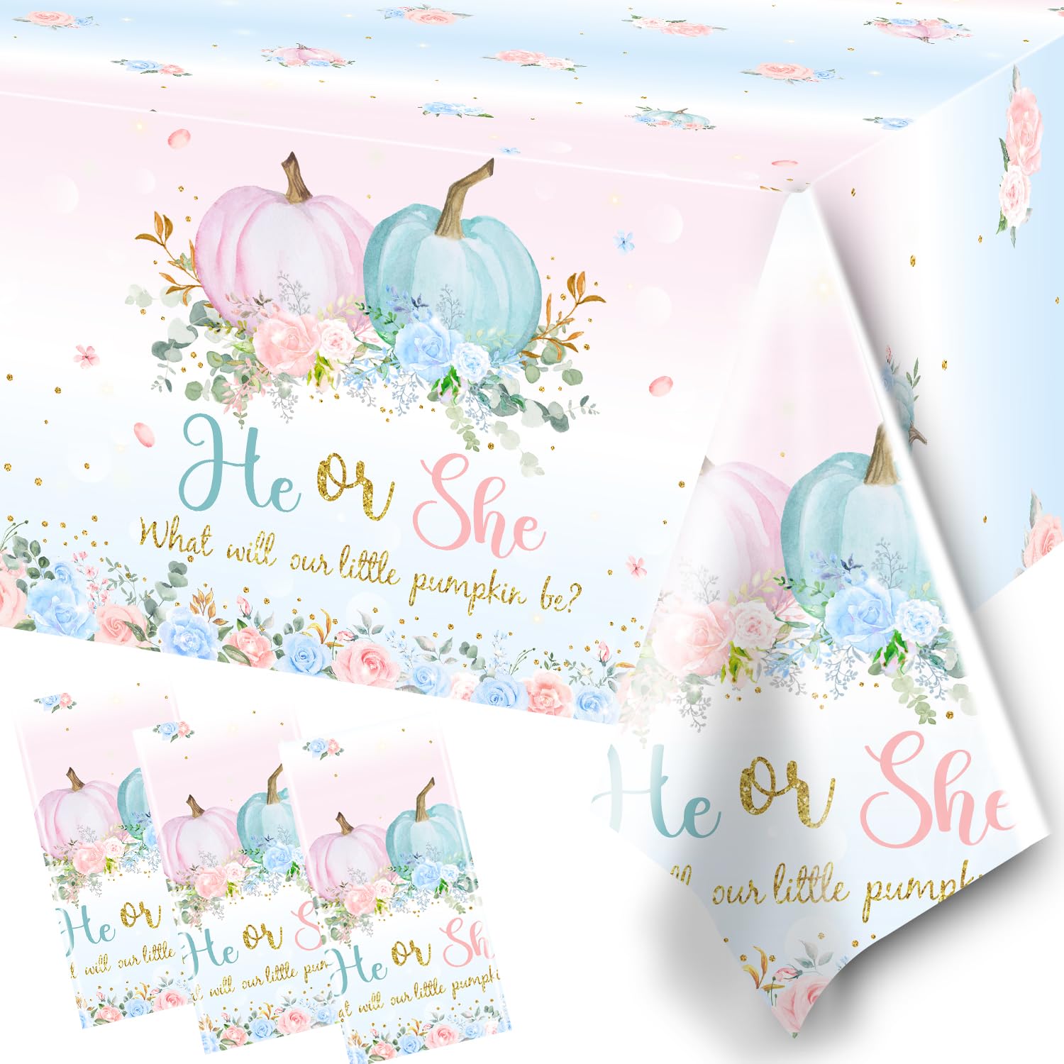 3Pcs Fall Tablecloth Decoration - He or She Gender Reveal Tablecloth Fall Floral Pumpkin Disposable Table Cover Fall Theme Baby 