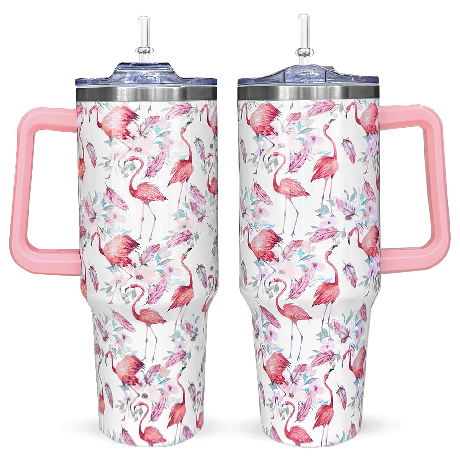 40 oz Flamingo Tumbler With Handle Lid and Straw,Pink Stainless Steel Insulated Tumblers Gifts for Women Girls Flamingo Lovers T