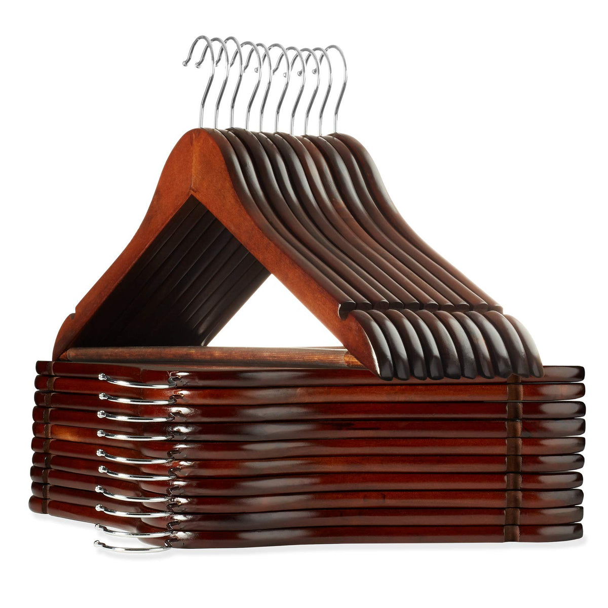 Casafield - 20 Walnut Wooden Suit Hangers - Premium Lotus Wood With Notches & Chrome Swivel Hook For Dress Clothes, Coats, Jacke
