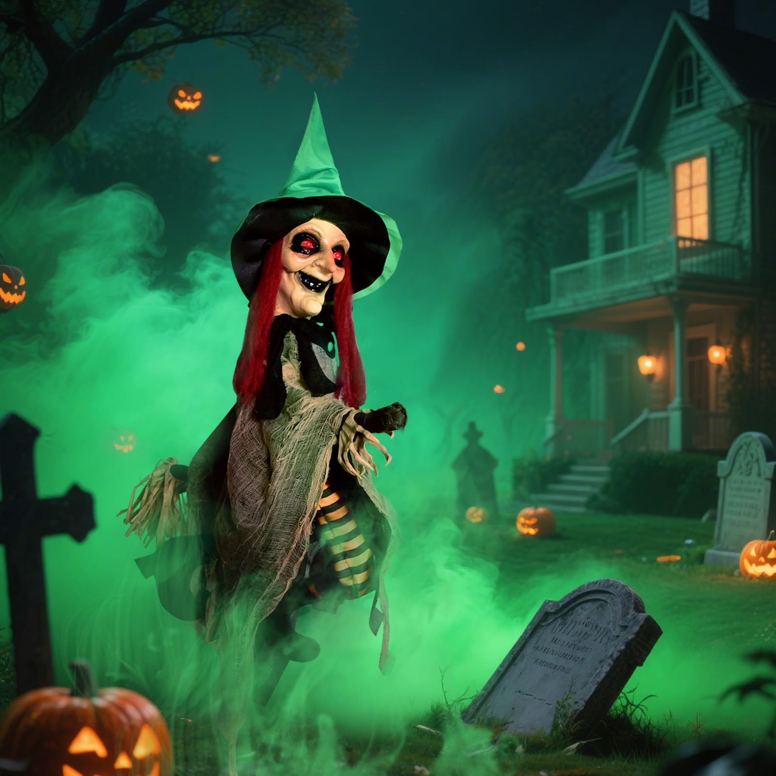 Halloween LED Light-Up Flying Witch on Broomstick, Realistic Sound & Motion, Scary Hanging Animated Decoration with Kicking Legs