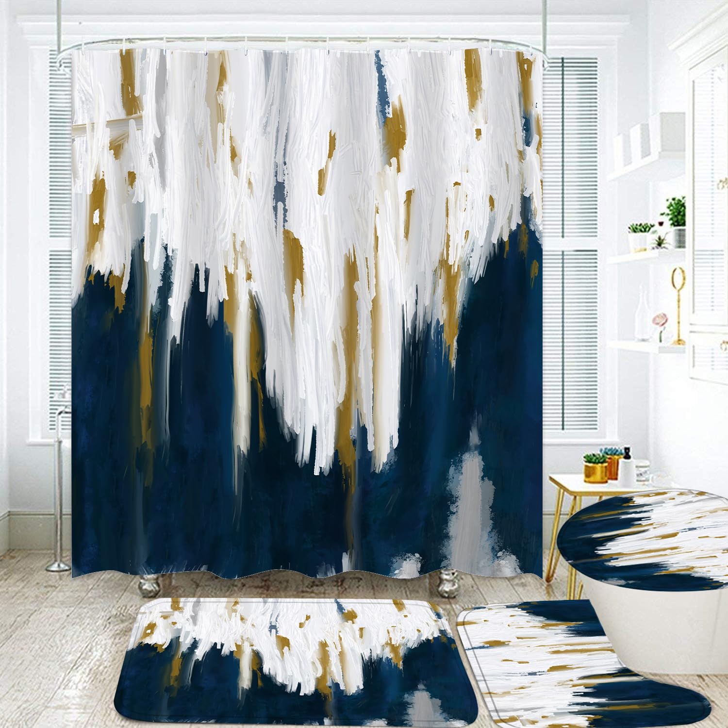 Apxpf 4 Pcs Blue Bathroom Set Shower Curtains For Bathroom Washable Shower Curtain Set With Rugs Bathroom Decor Shower Curtain S