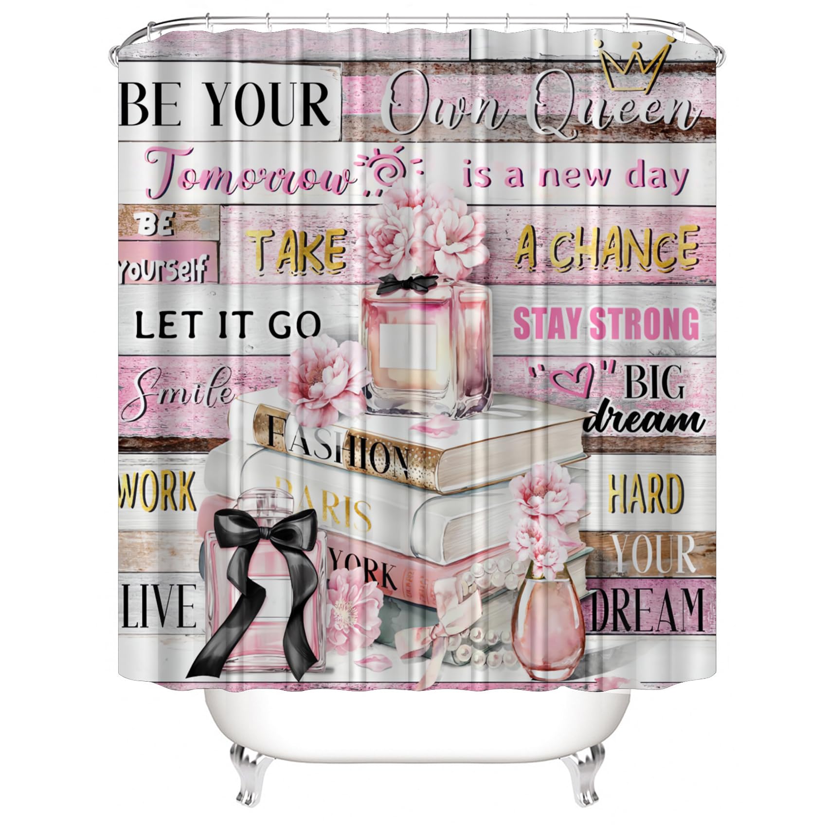 Azhm 4Pcs Shower Curtain Sets Pink Fashion Floral Bathroom Decor Set Inspirational Quotes Bathroom Curtain Shower Set With Rugs