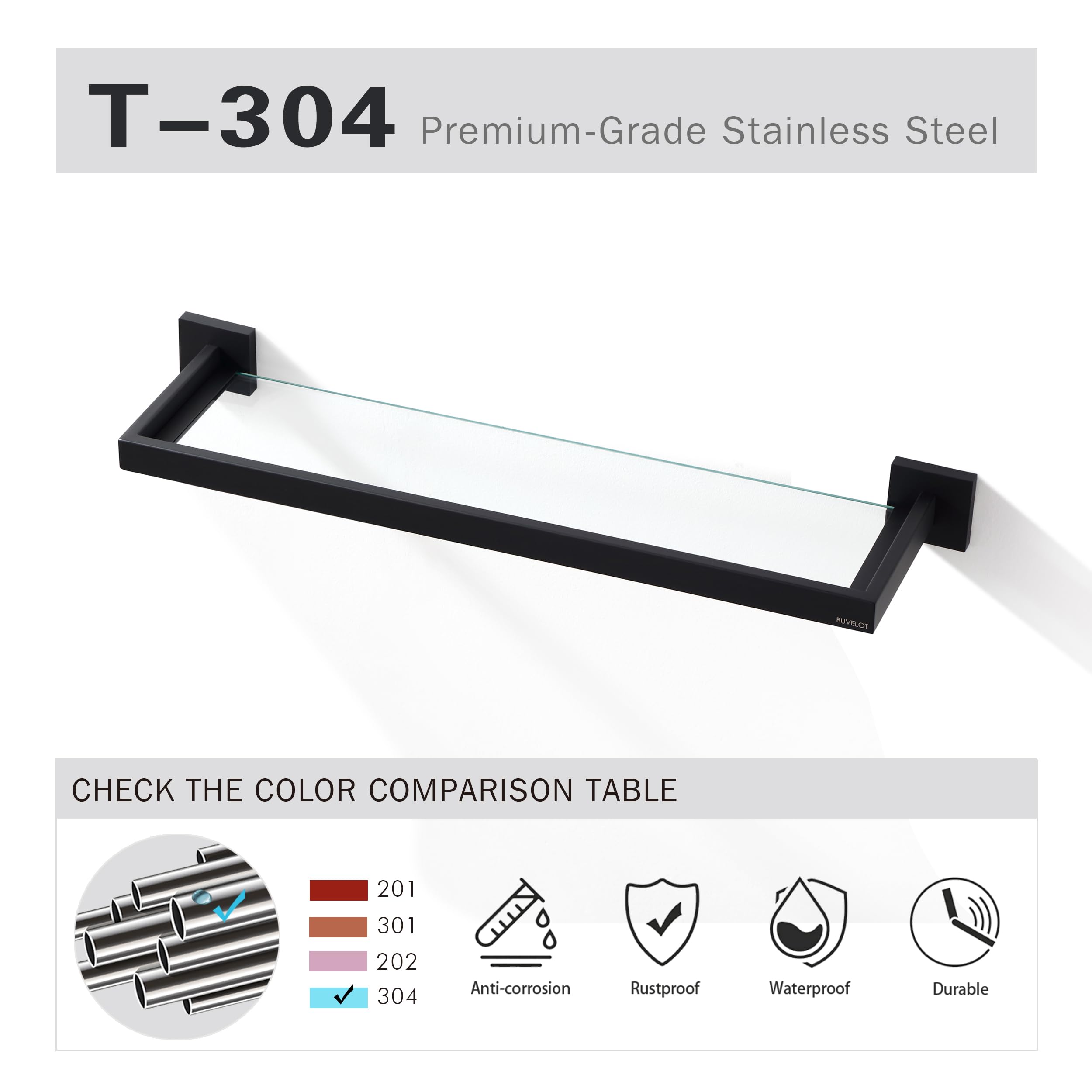 Buvelot Bathroom Shelf, Glass Shelf For Bathroom, 22.32 Inch Large, 8Mm Extra Thick Tempered Glass Shelves Wall Mounted, Square